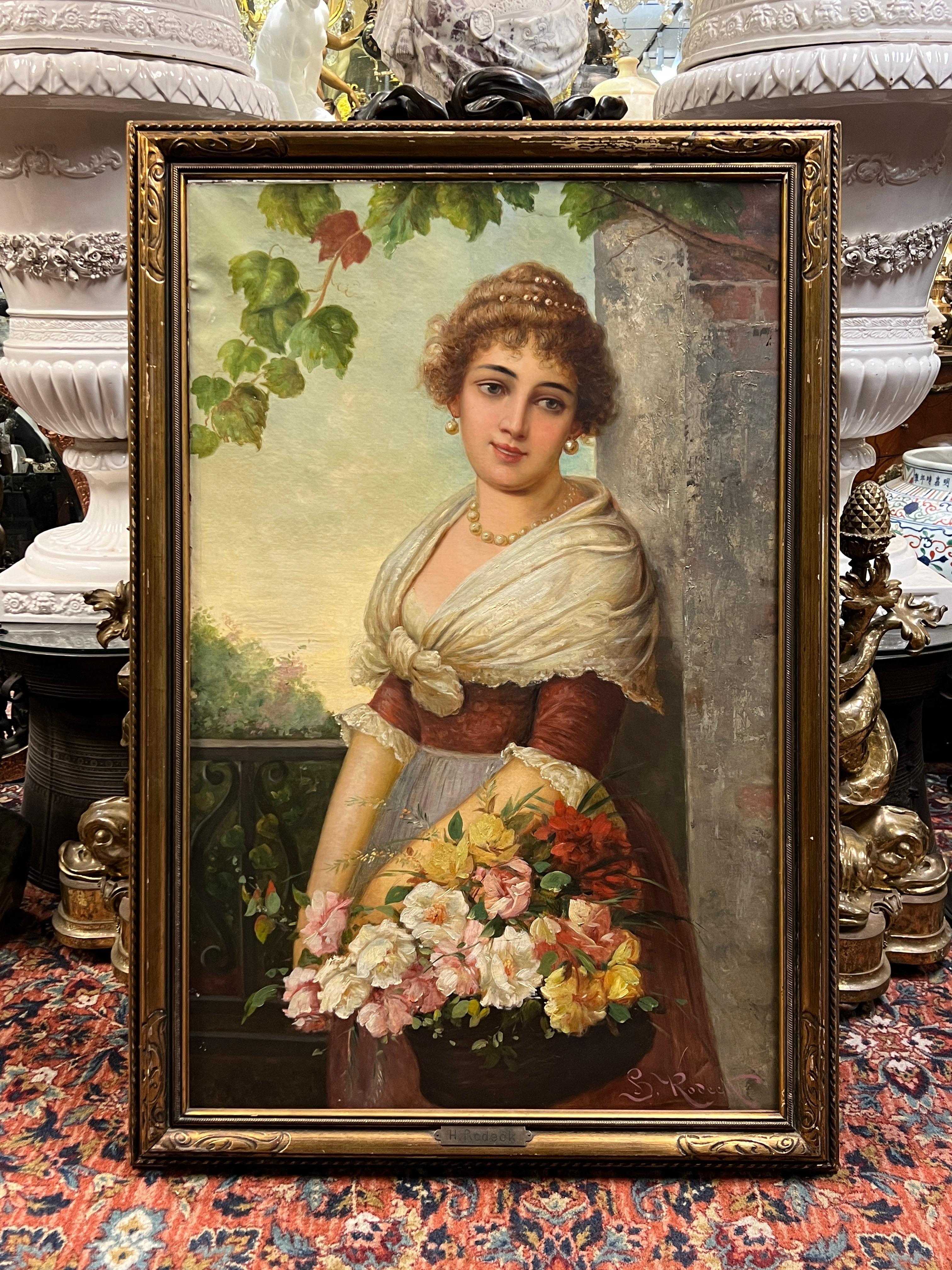 19th Century Romantic Austrian Female Portrait Oil Painting Signed H Rodeck For Sale 12