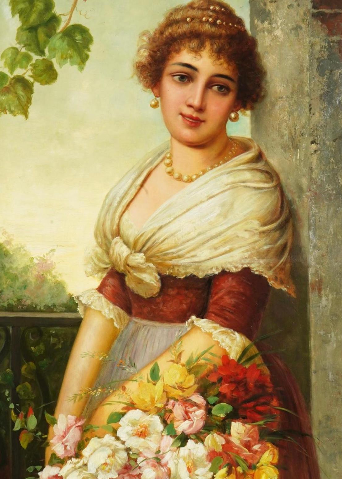 Portrait of a beautiful woman holding a bouquet of flowers, standing on a balcony, signed H Rodeck, the pseudonym for the Austrian artist, Karl Kaufman (1843-c1902), mounted in original giltwood frame measuring 26 1/2 by 41 1/2 inches.