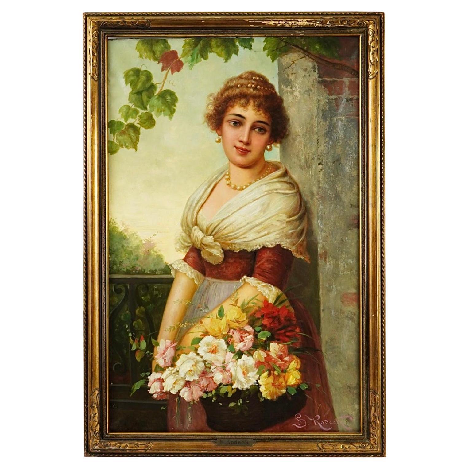 Ritratto femminile romantico austriaco del XIX secolo, dipinto a olio e firmato H. H. Rodeck