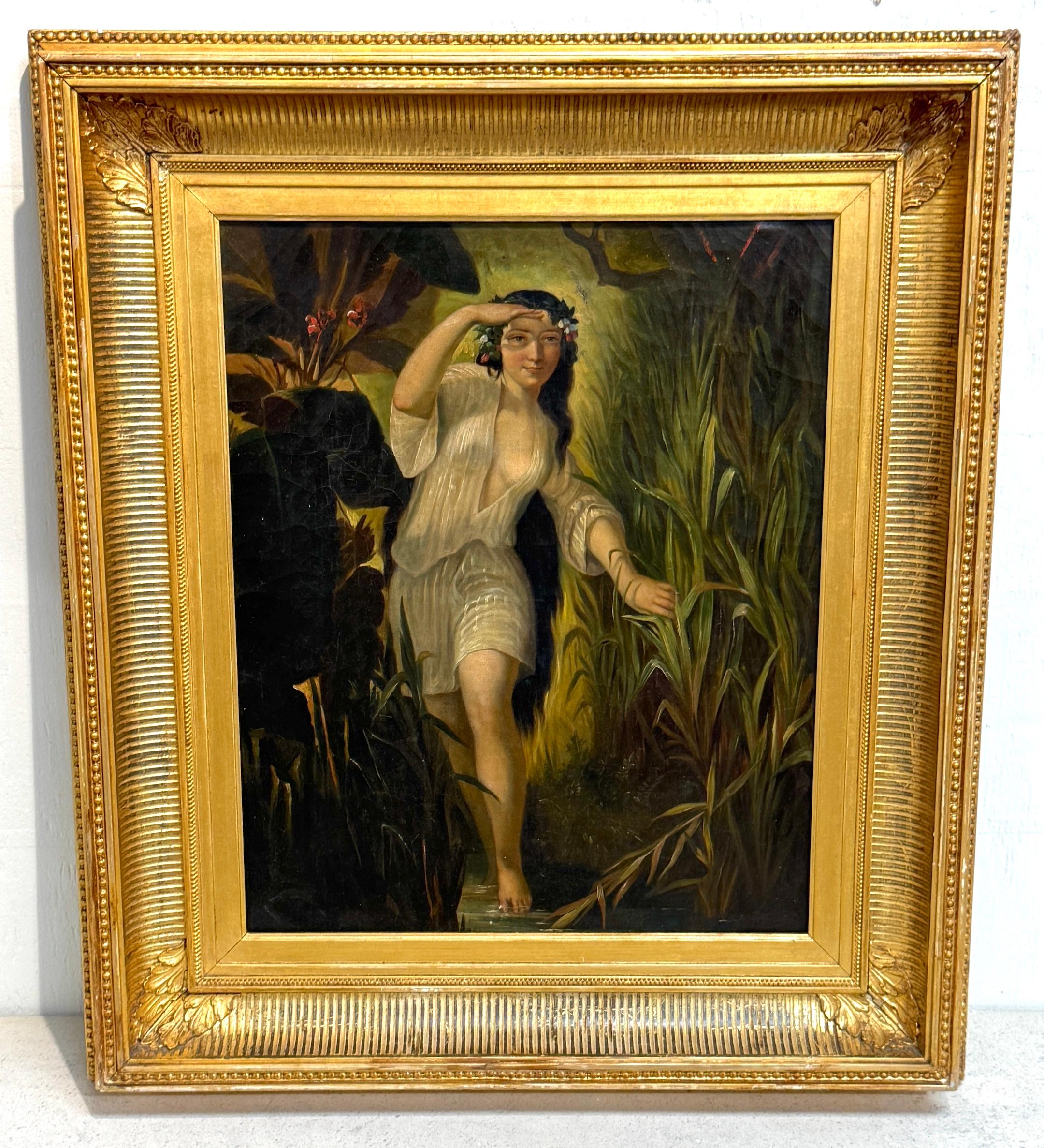 Peinture romantique de l'école continentale du XIXe siècle, Undine / Ondine (nymphe d'eau) Peinture, école française ou allemande, c. 1840-1870
Huile sur toile, cadre en bois doré

Cette peinture romantique du milieu du XIXe siècle, d'une grande