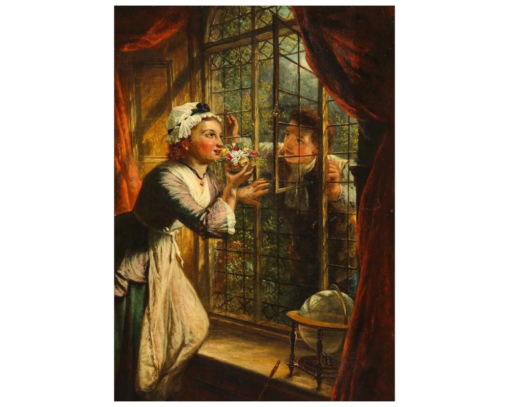 19th Century Romantic English Painting of a Maid and Her Lover, Signed and Dated In Good Condition For Sale In New York, NY