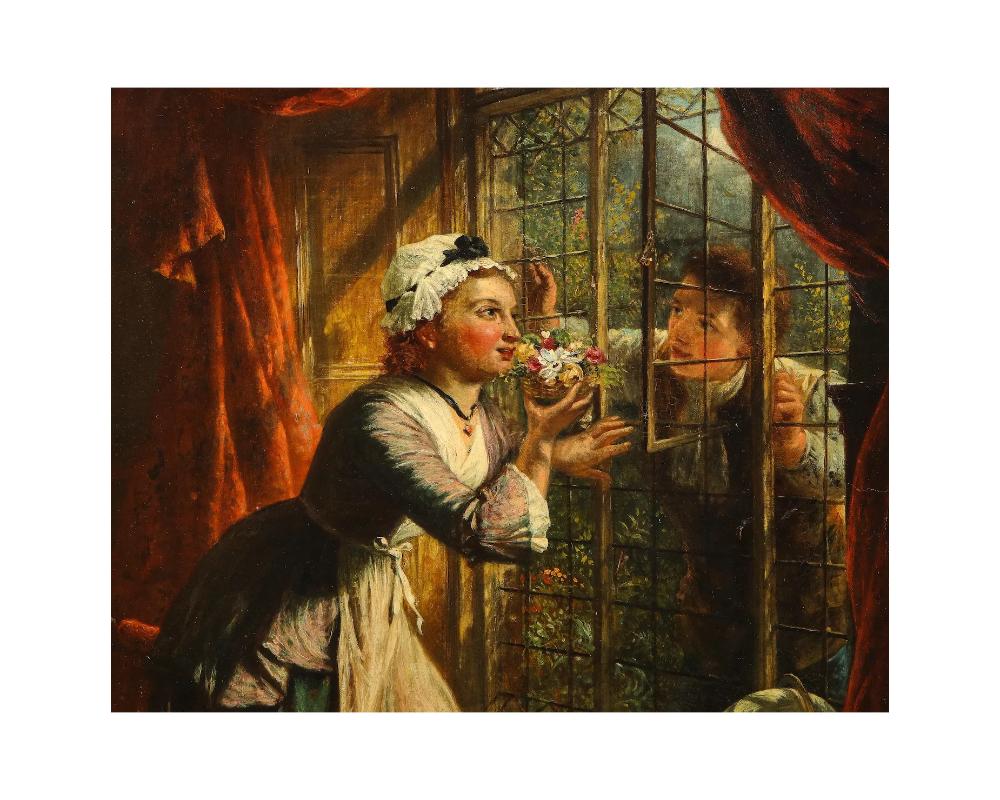 19th Century Romantic English Painting of a Maid and Her Lover, Signed and Dated For Sale 1