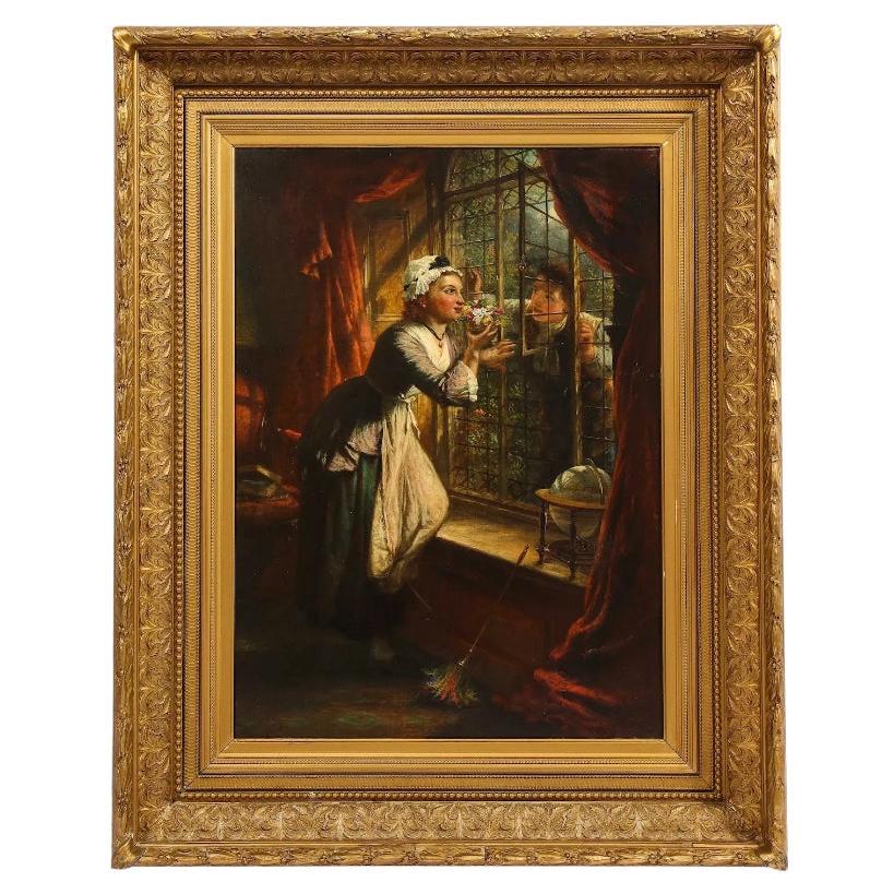 Peinture anglaise romantique du 19ème siècle représentant une jeune fille et son amoureux, signée et datée