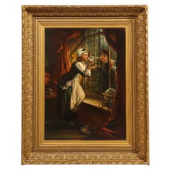 Antique 19th Century Romantic English Painting of a Maid and Her Lover, Signed and Dated