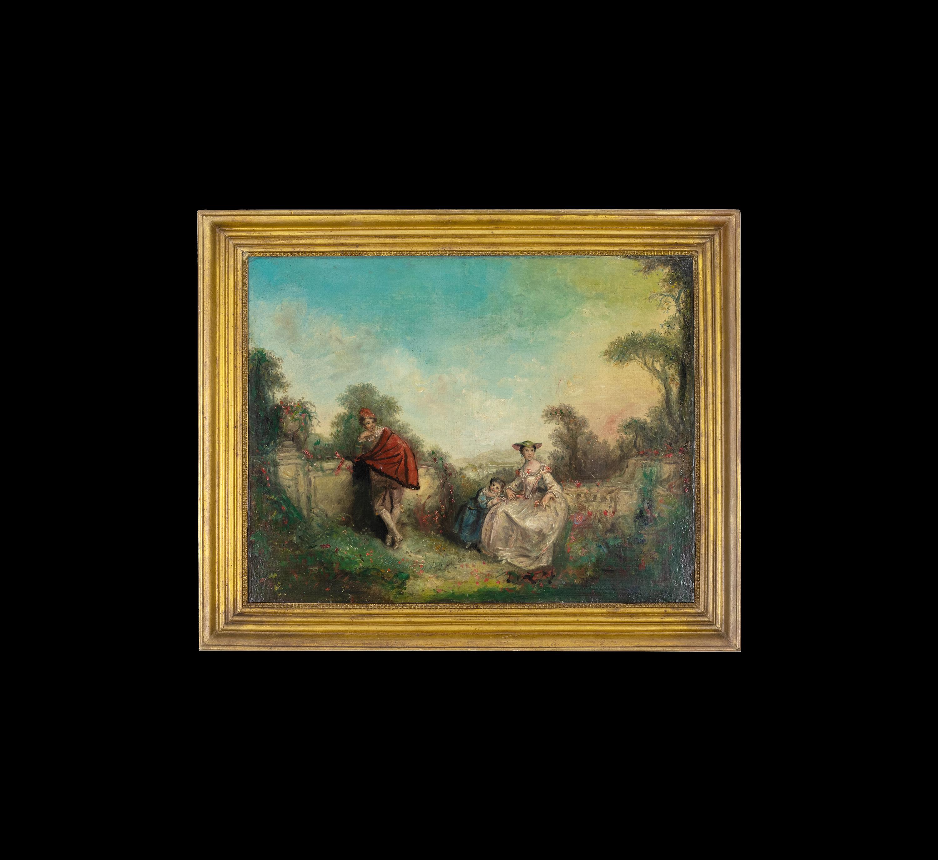 A romantic subject painting depicting a father leaning against a wall and a brooding mother and daughter, with lakes and mountains in the distance, Baroque inspiration.
Frame 76.5 x 62 cm 
Canvas 64 x 51 cm  
Dimensions: Frame 76.5 x 62 cm canvas 64