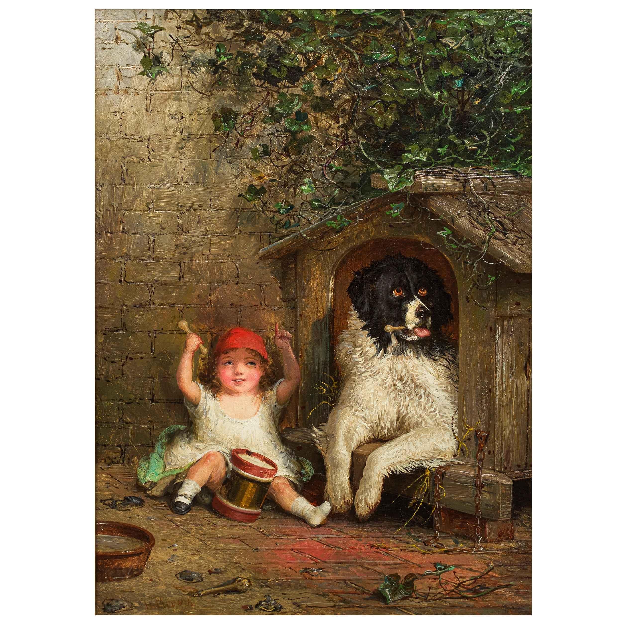 19th Century Romantic Genre Painting "First Lesson on Drum" by H. Rivers For Sale