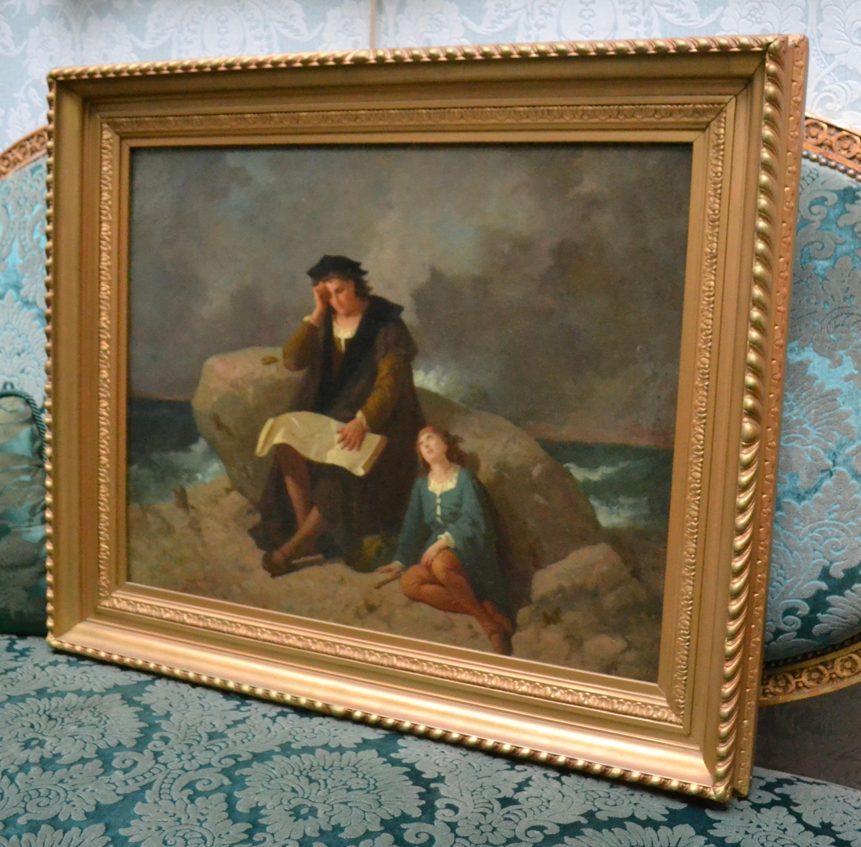 This original oil painting on canvas depicts a forlorn young couple sitting on/by a large rock at ocean's edge, either lost, shipwrecked, or possibly exploring. He gazes at a map, despondently, his compass by his elbow, and she sits at his feet
