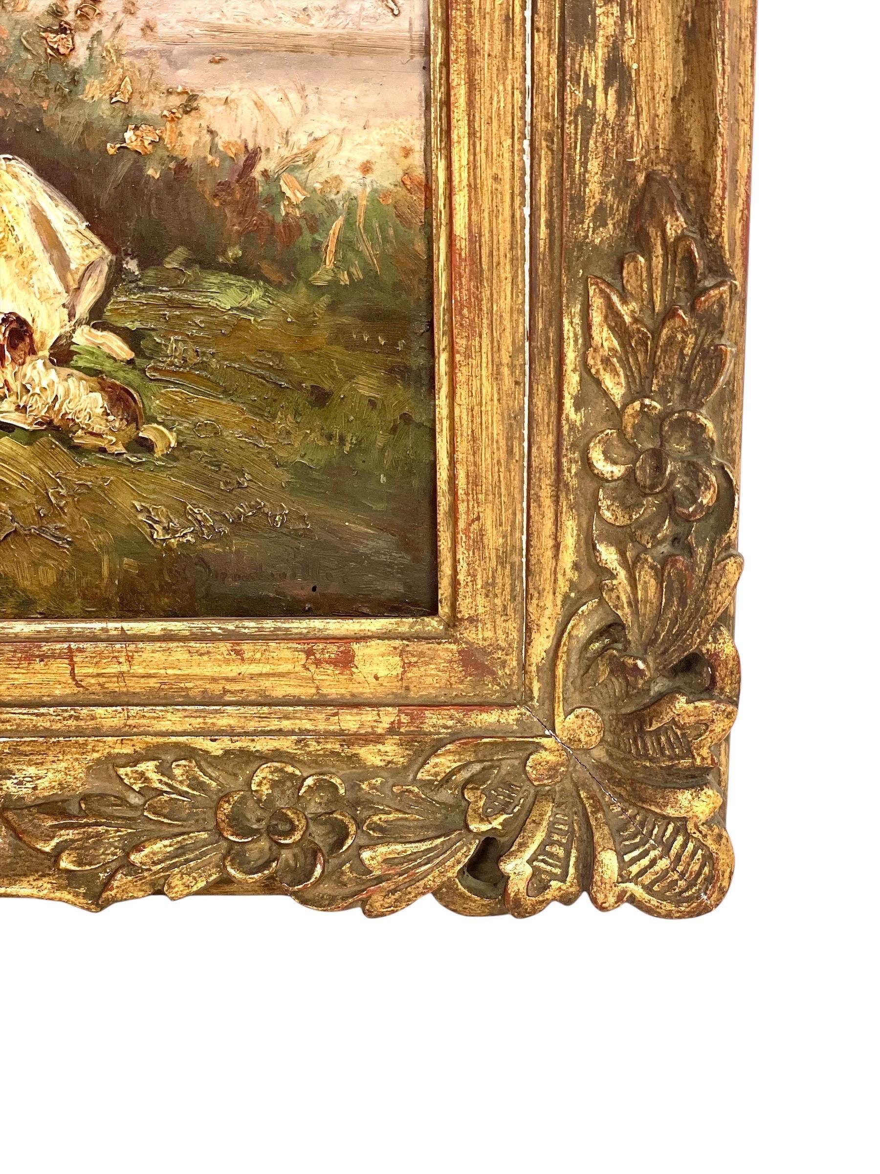 Óleo romántico del siglo XIX de Damas junto al río Francés en venta