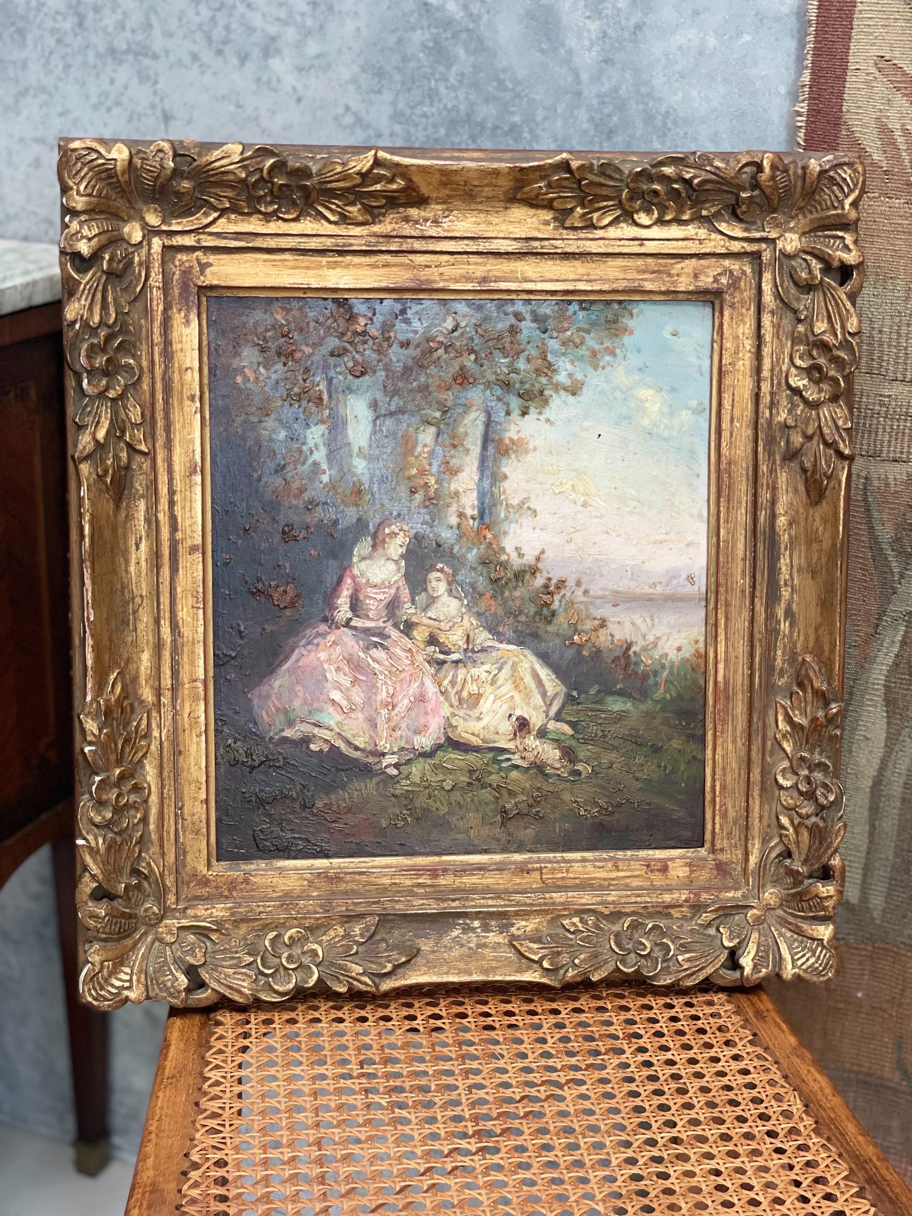 Óleo romántico del siglo XIX de Damas junto al río en venta 3
