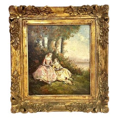 19th Century Romantic Oil Painting of Ladies by the Riverside