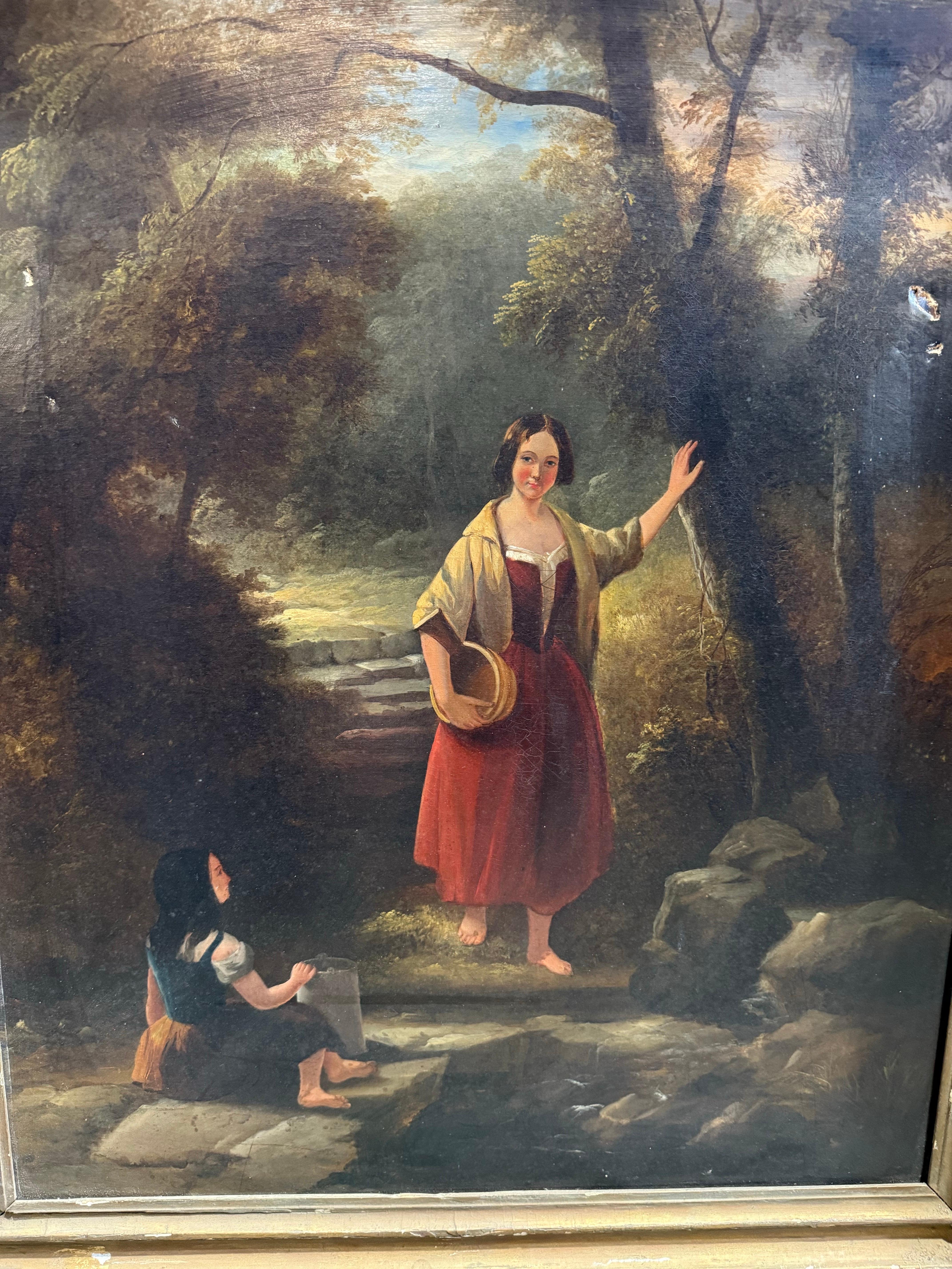 Romantisches Ölgemälde aus dem 19. Jahrhundert mit zwei Frauen in einer Waldlandschaft im Zustand „Relativ gut“ im Angebot in Southall, GB
