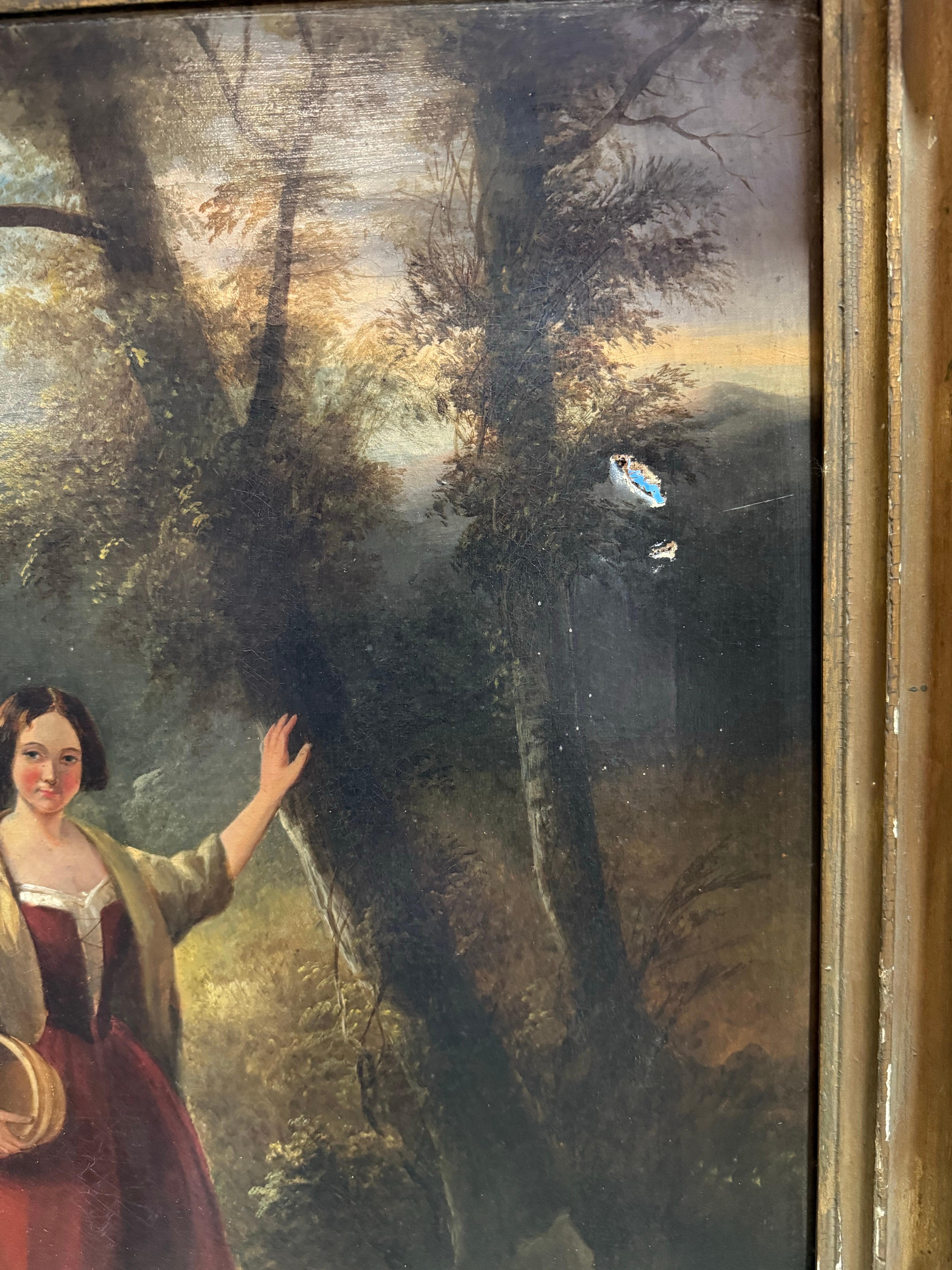 Romantisches Ölgemälde aus dem 19. Jahrhundert mit zwei Frauen in einer Waldlandschaft im Angebot 3
