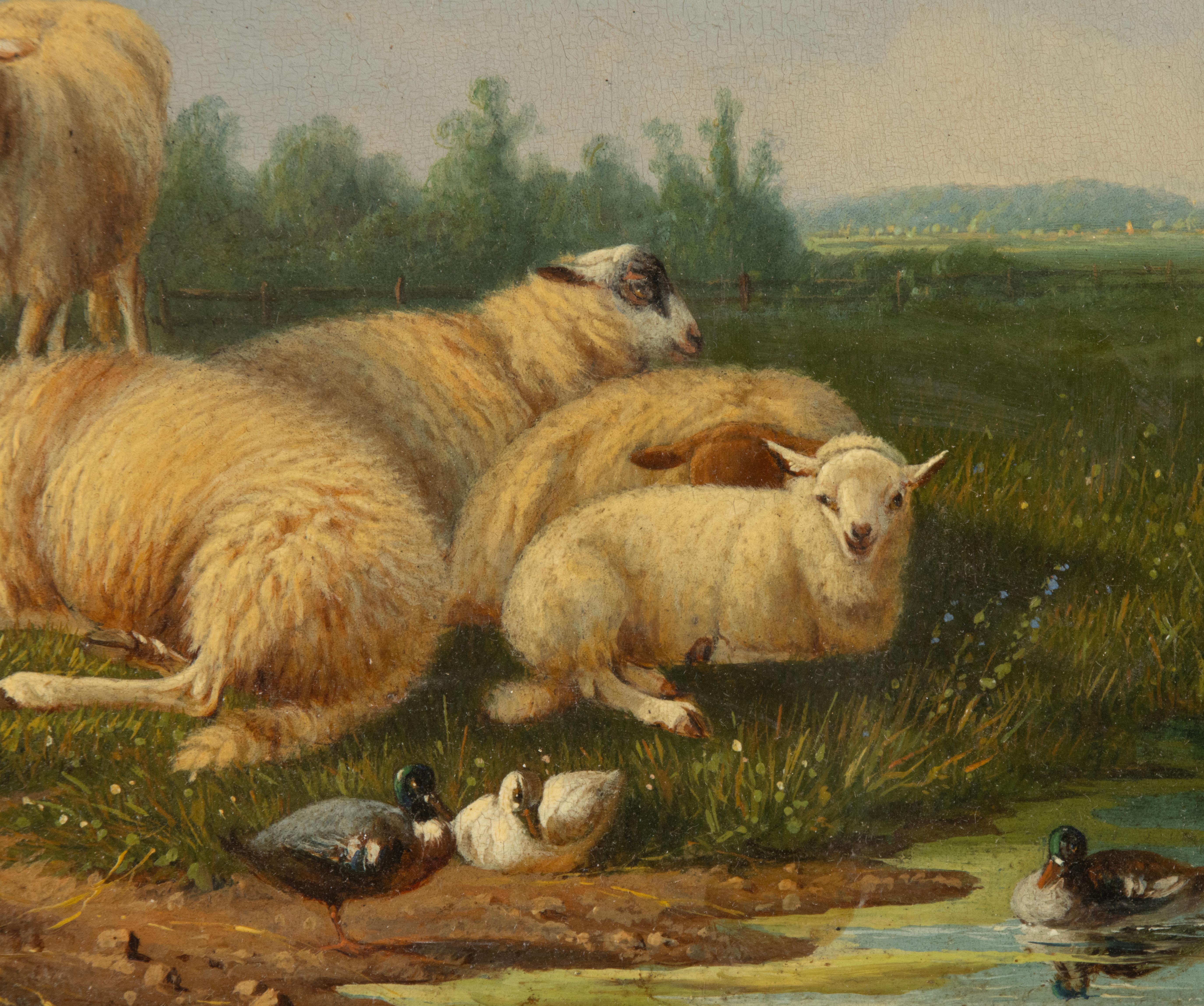 19th Century Romantic Oil Painting - Sheep in the Meadow - Laurens Plas - 1869 For Sale 4