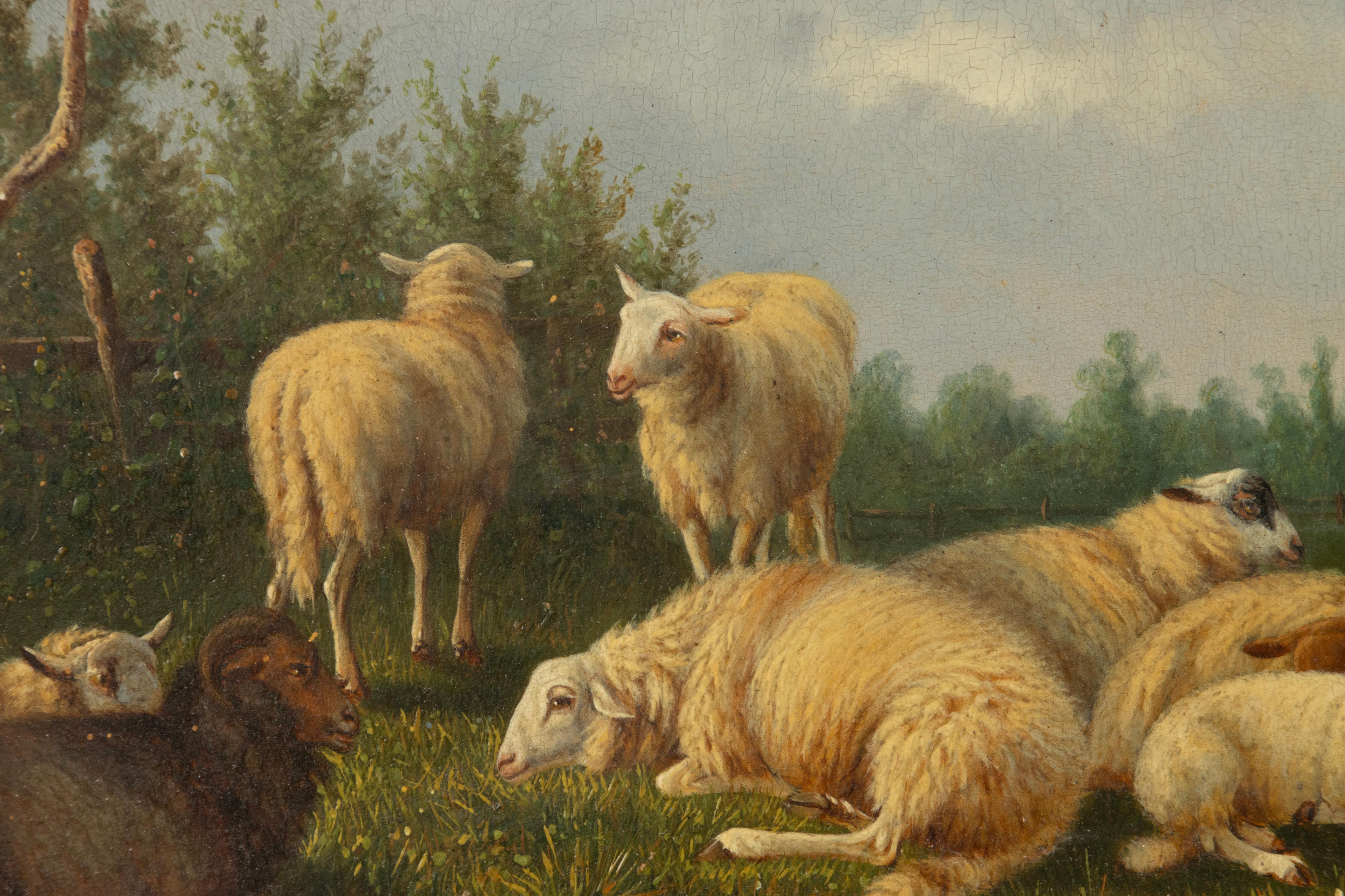19th Century Romantic Oil Painting - Sheep in the Meadow - Laurens Plas - 1869 For Sale 6