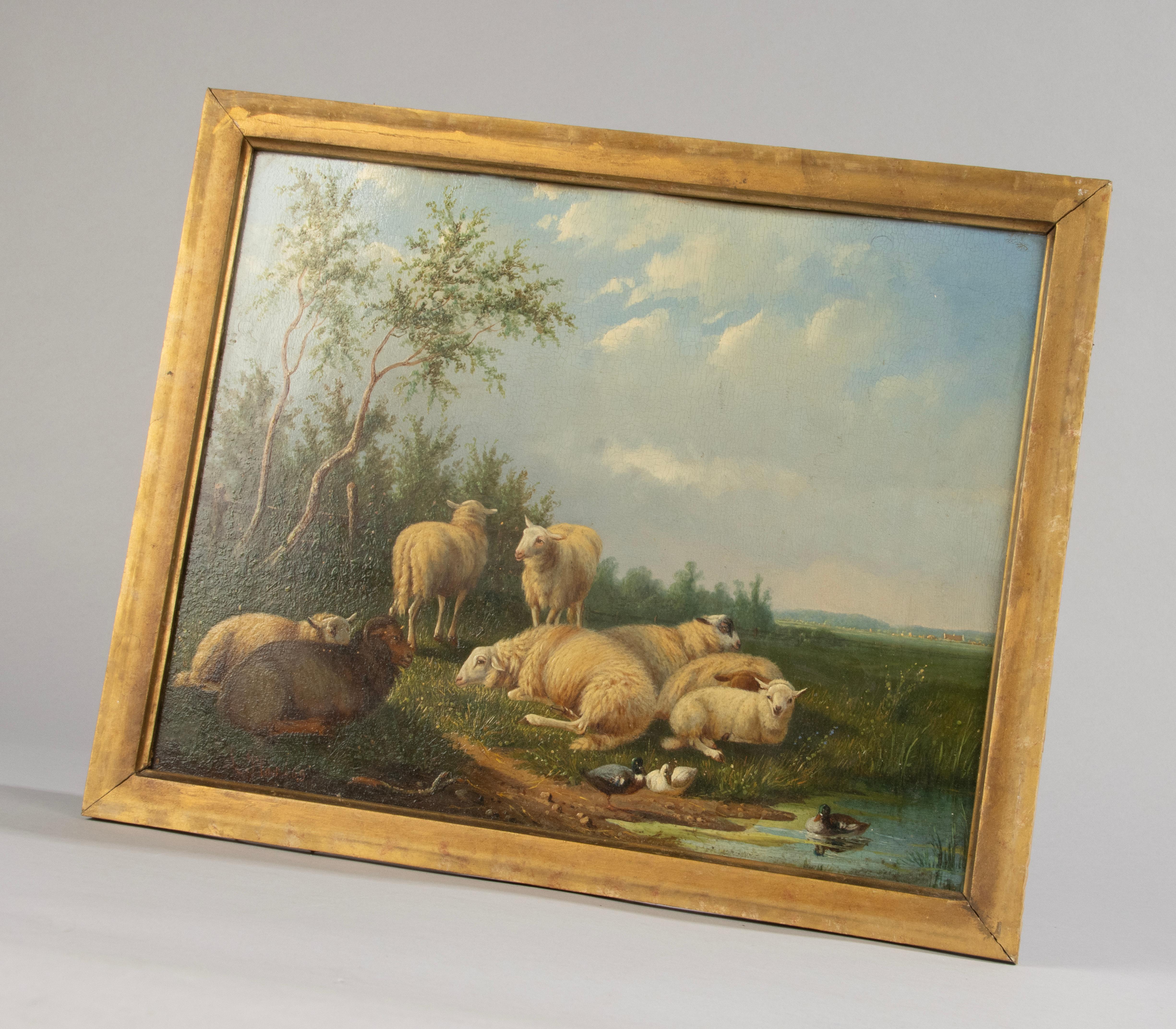 Wood 19th Century Romantic Oil Painting - Sheep in the Meadow - Laurens Plas - 1869 For Sale