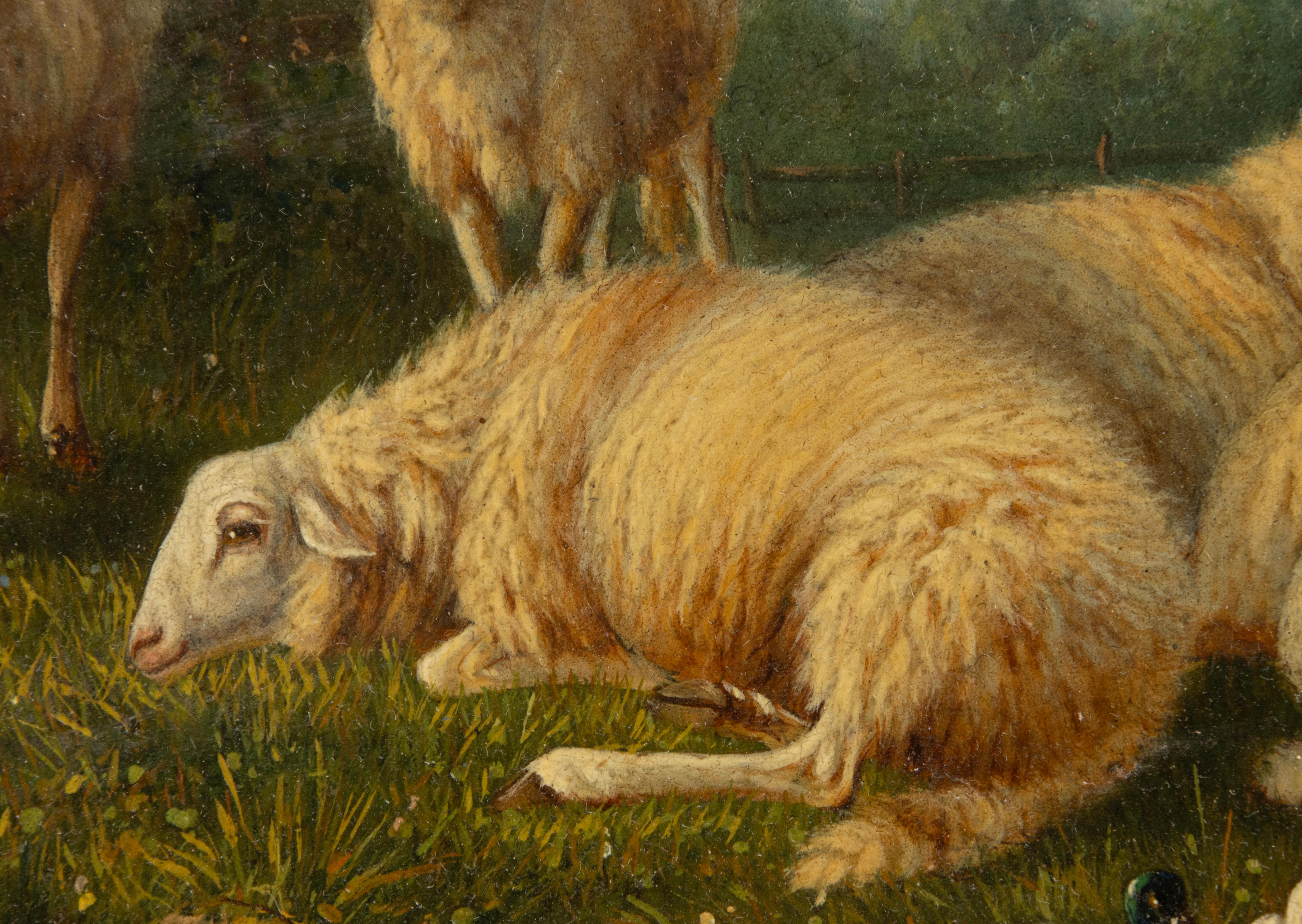 19th Century Romantic Oil Painting - Sheep in the Meadow - Laurens Plas - 1869 For Sale 7