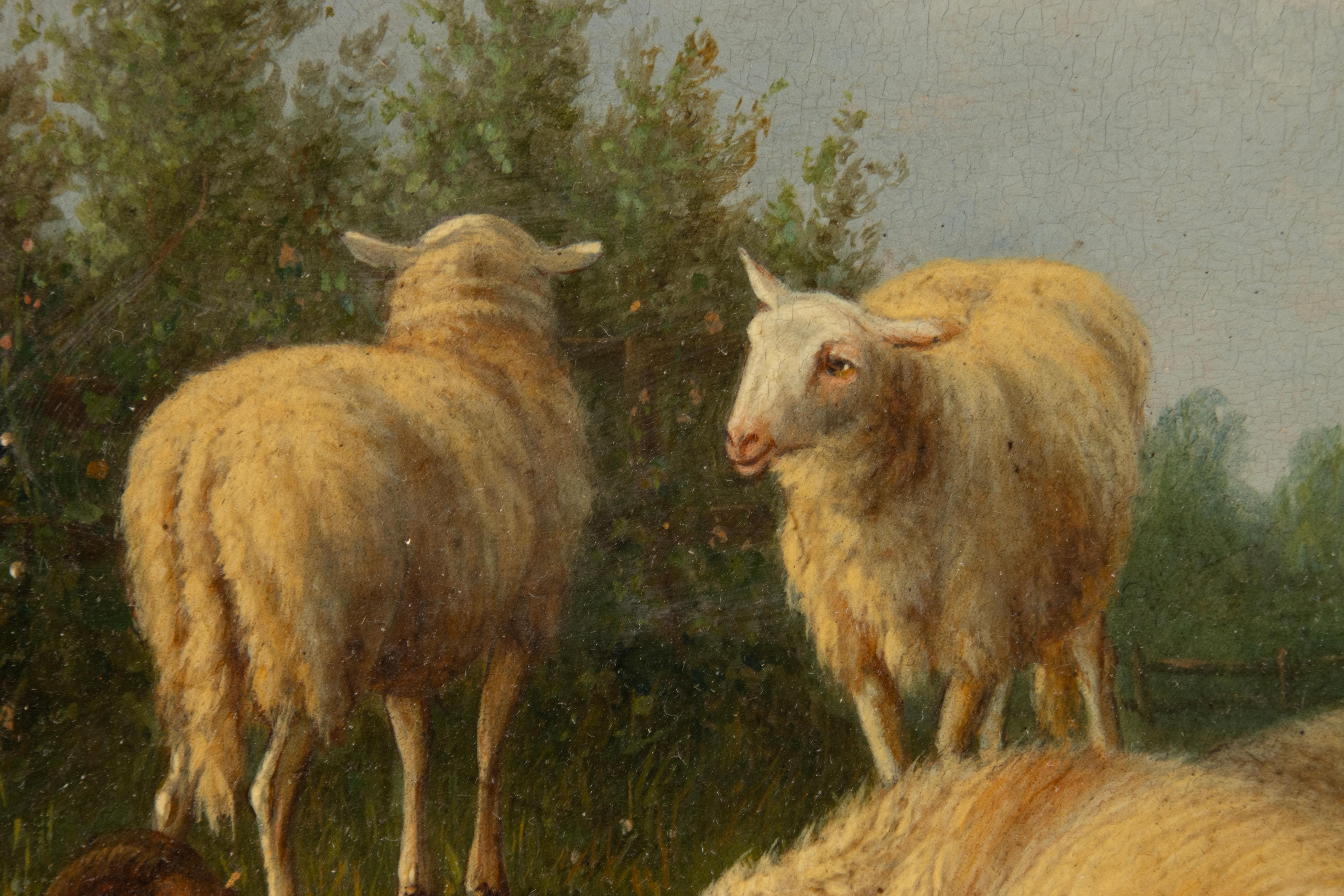 19th Century Romantic Oil Painting - Sheep in the Meadow - Laurens Plas - 1869 For Sale 8