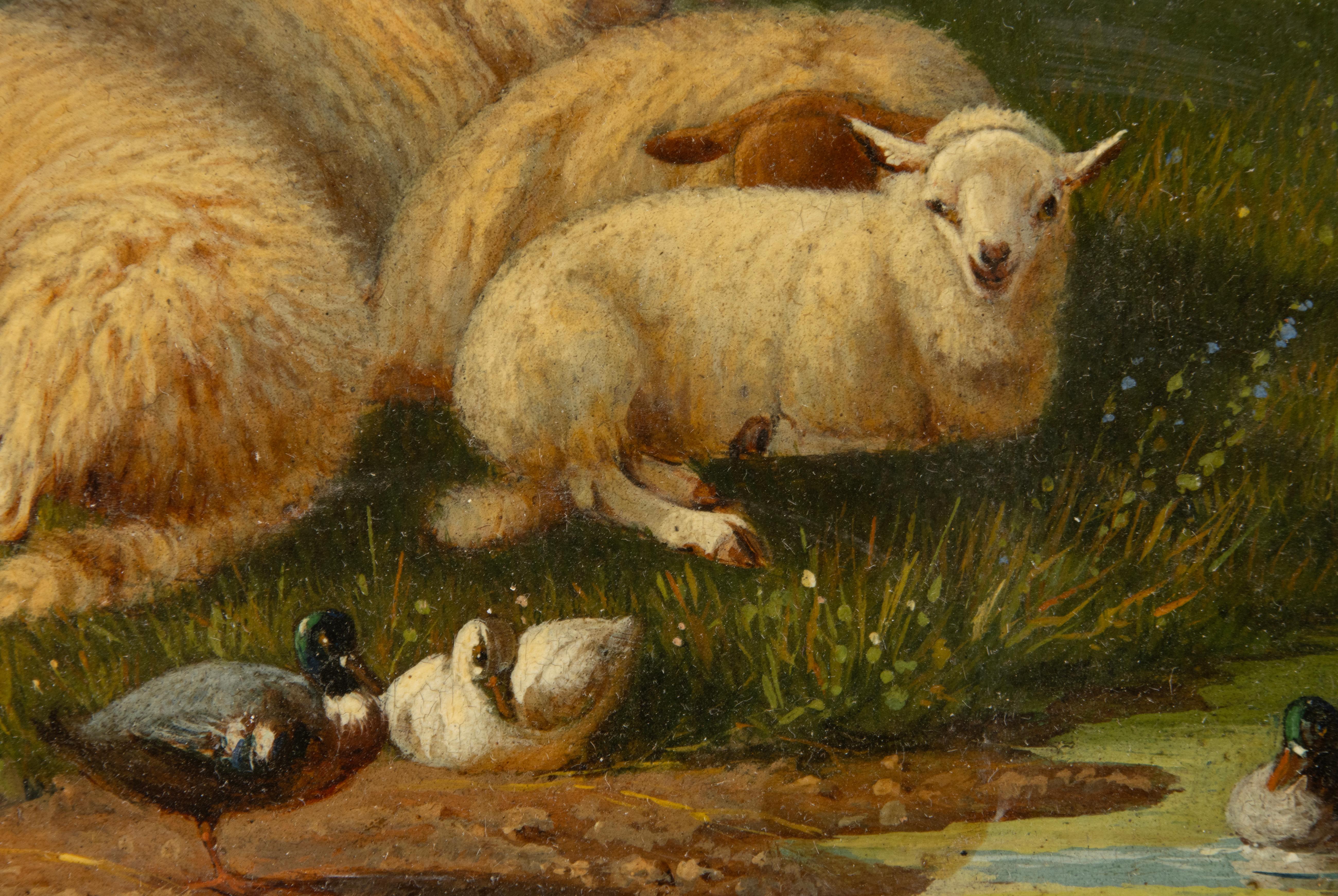 19th Century Romantic Oil Painting - Sheep in the Meadow - Laurens Plas - 1869 For Sale 9
