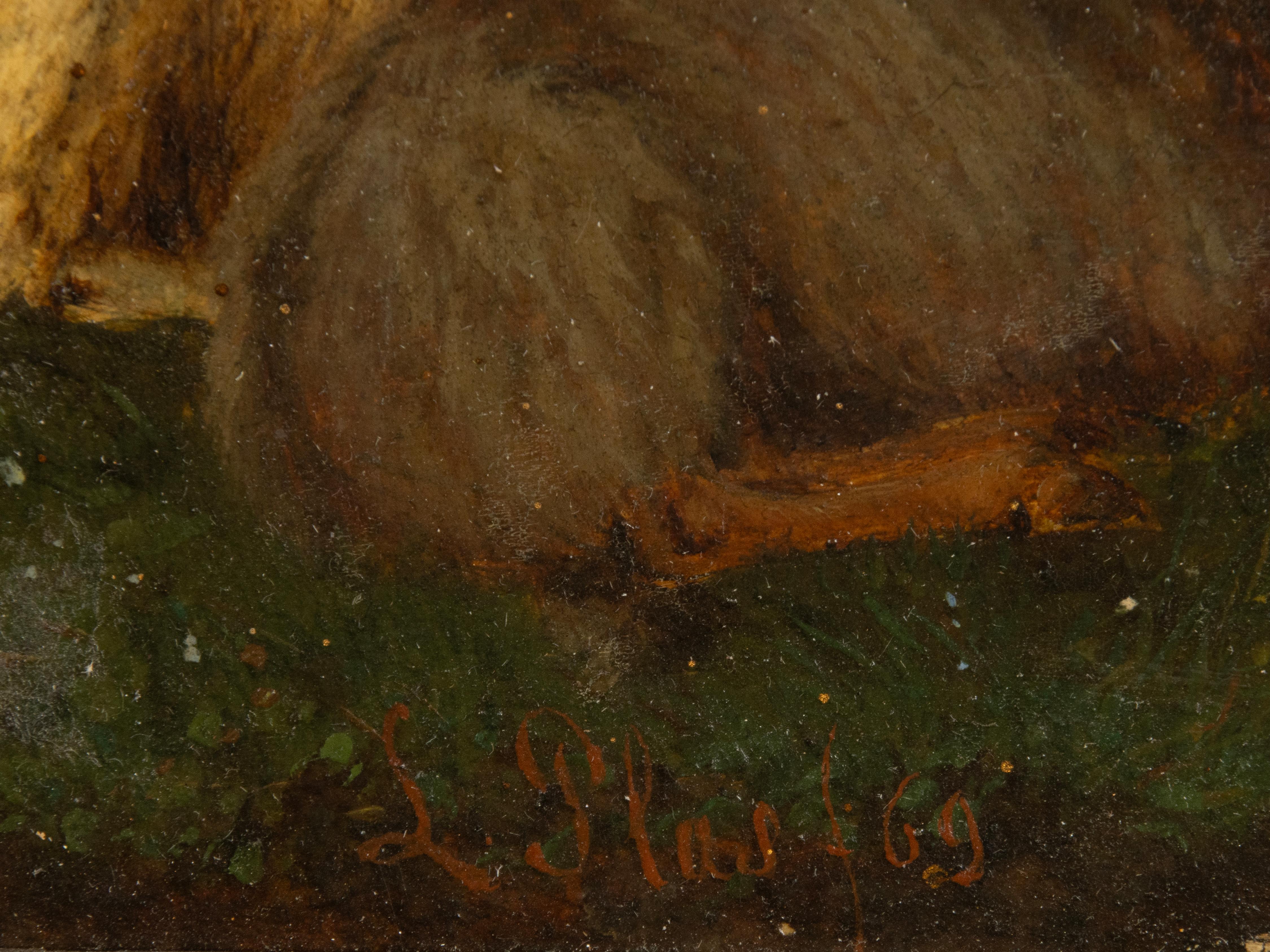Hand-Painted 19th Century Romantic Oil Painting - Sheep in the Meadow - Laurens Plas - 1869 For Sale