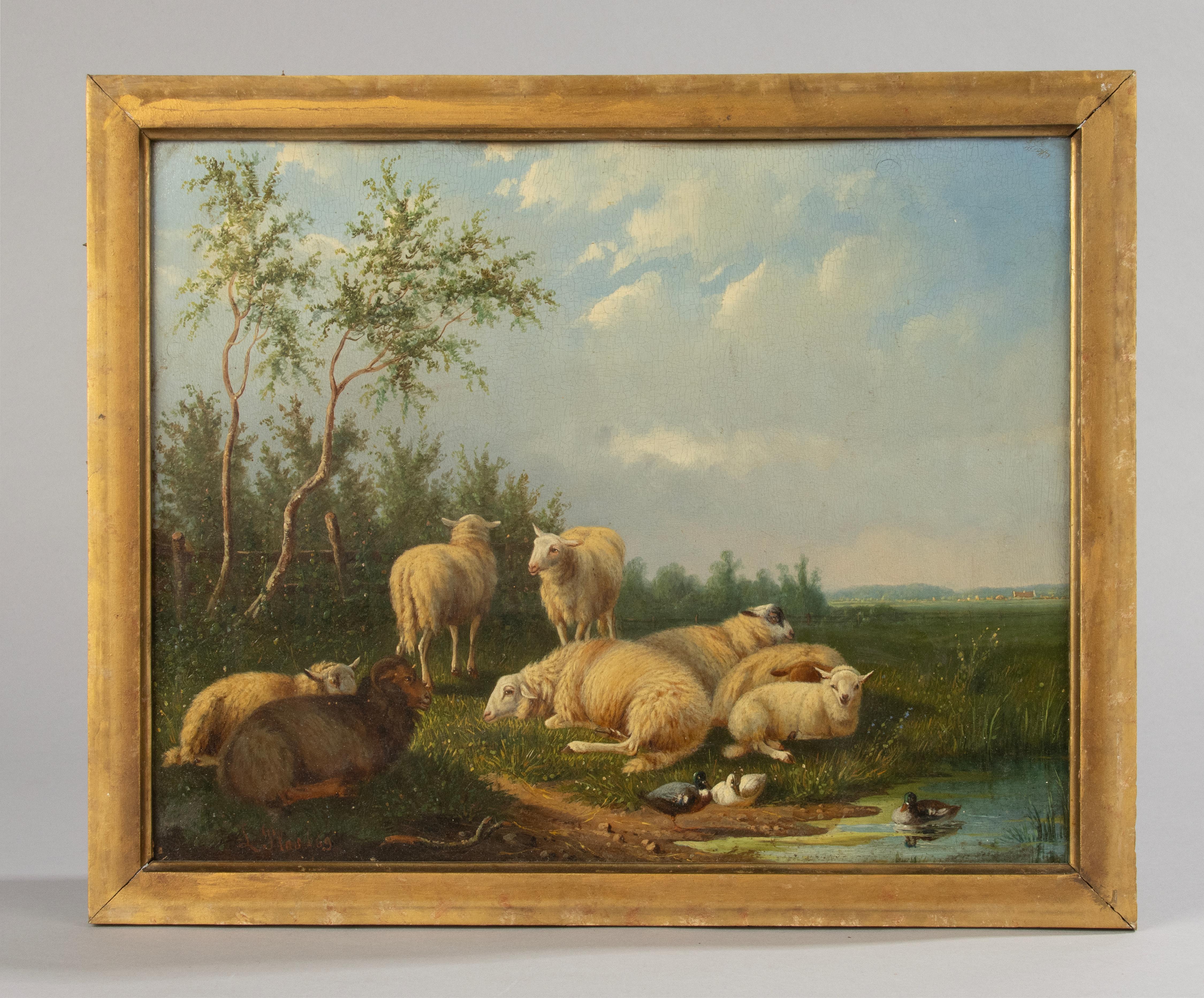 Dutch 19th Century Romantic Oil Painting - Sheep in the Meadow - Laurens Plas - 1869 For Sale
