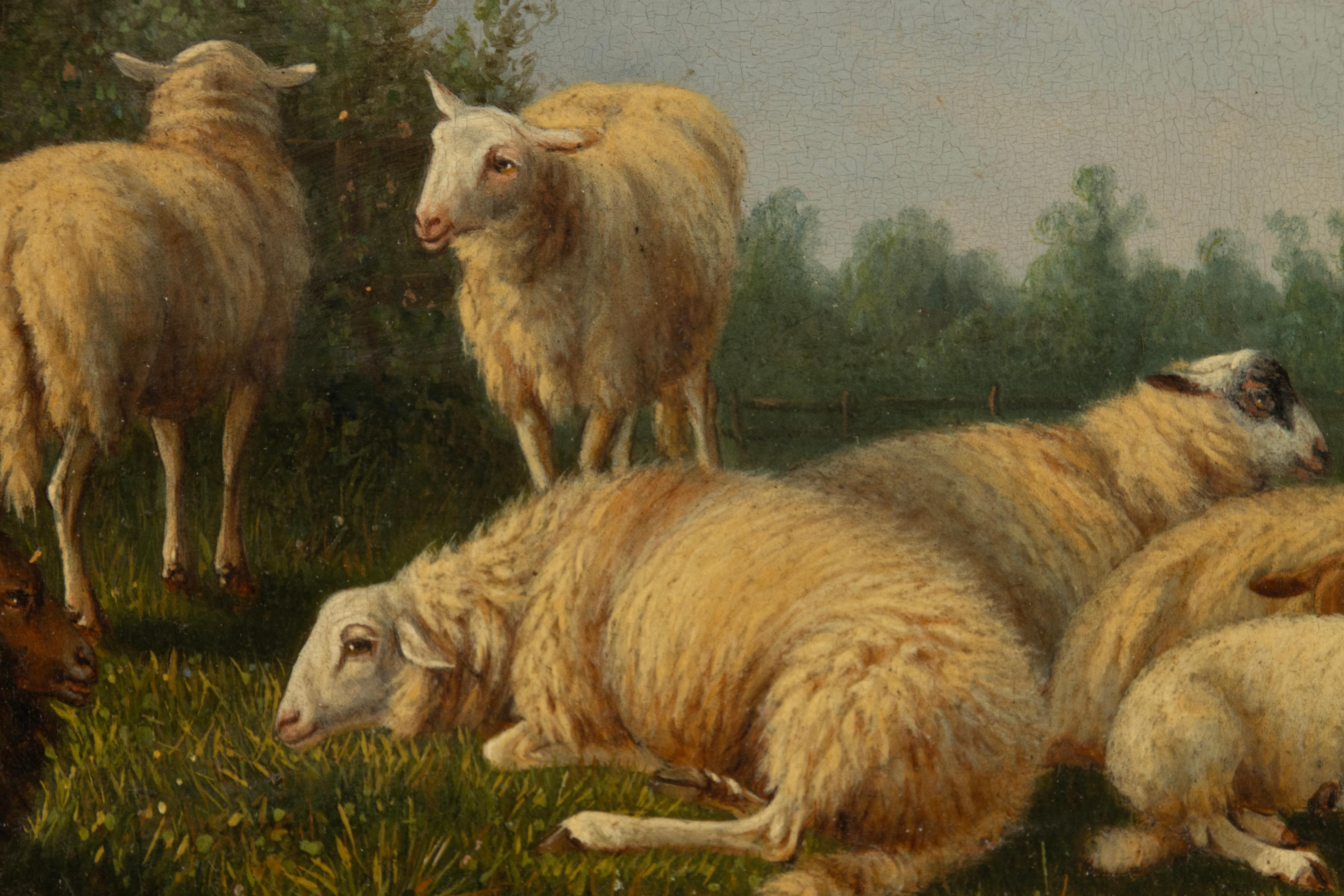 19th Century Romantic Oil Painting - Sheep in the Meadow - Laurens Plas - 1869 In Good Condition For Sale In Casteren, Noord-Brabant