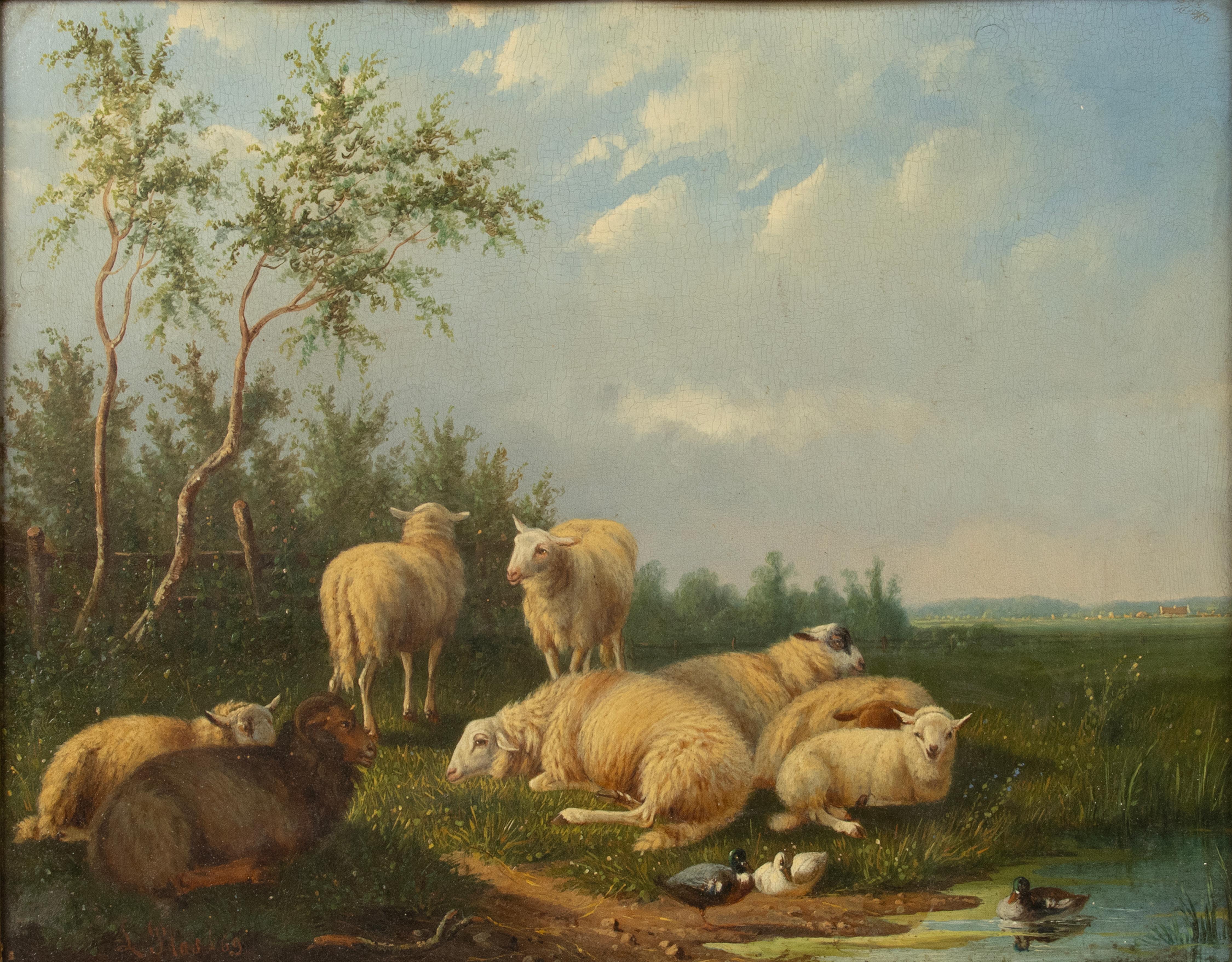 A beautiful antique oil painting by the Dutch painter Laurens Plas.
The painting shows a romantic landscape of sheep in the meadow. A beautiful performance with a beautiful display of light and color in the splendor of nature.
The painting is