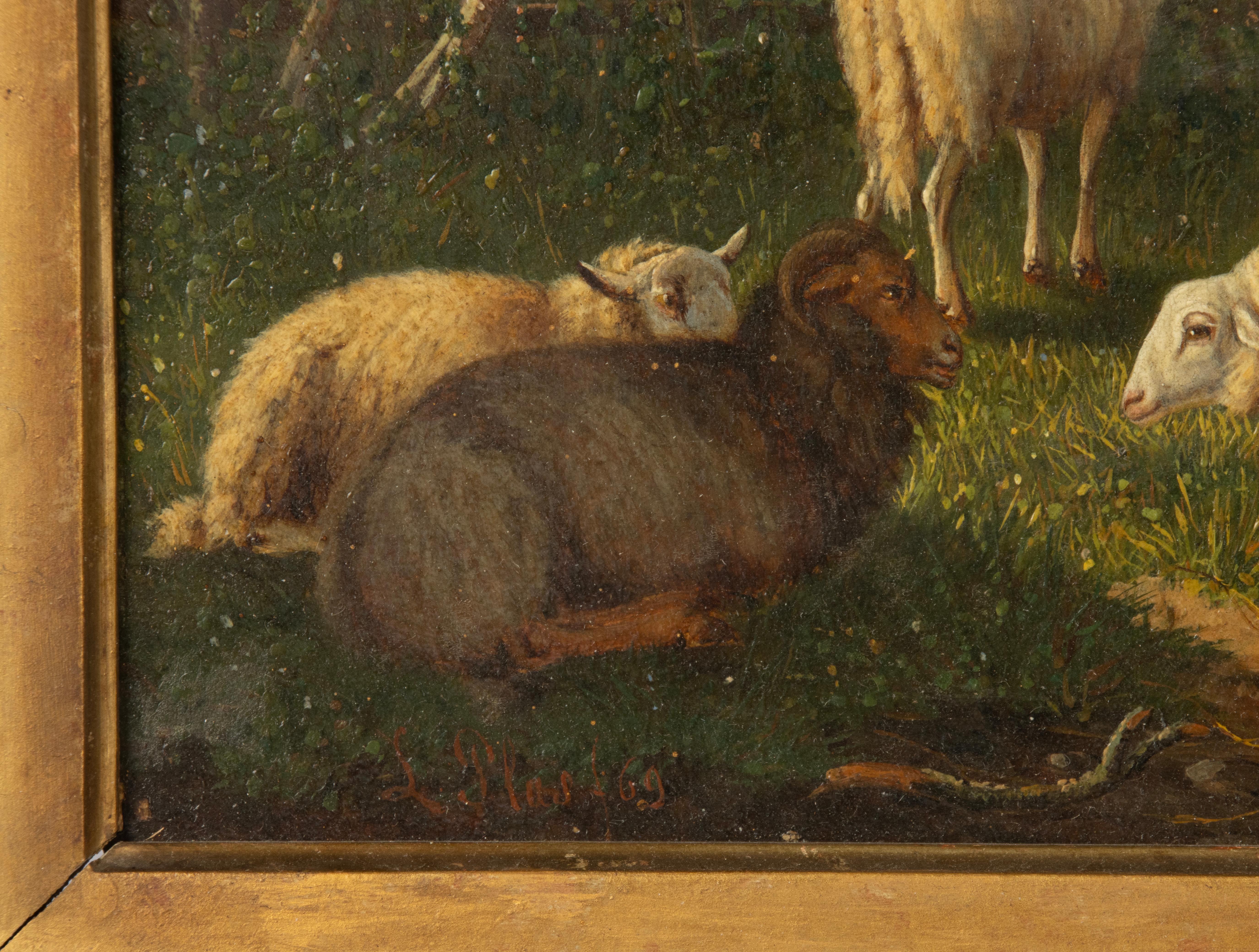 19th Century Romantic Oil Painting - Sheep in the Meadow - Laurens Plas - 1869 For Sale 1