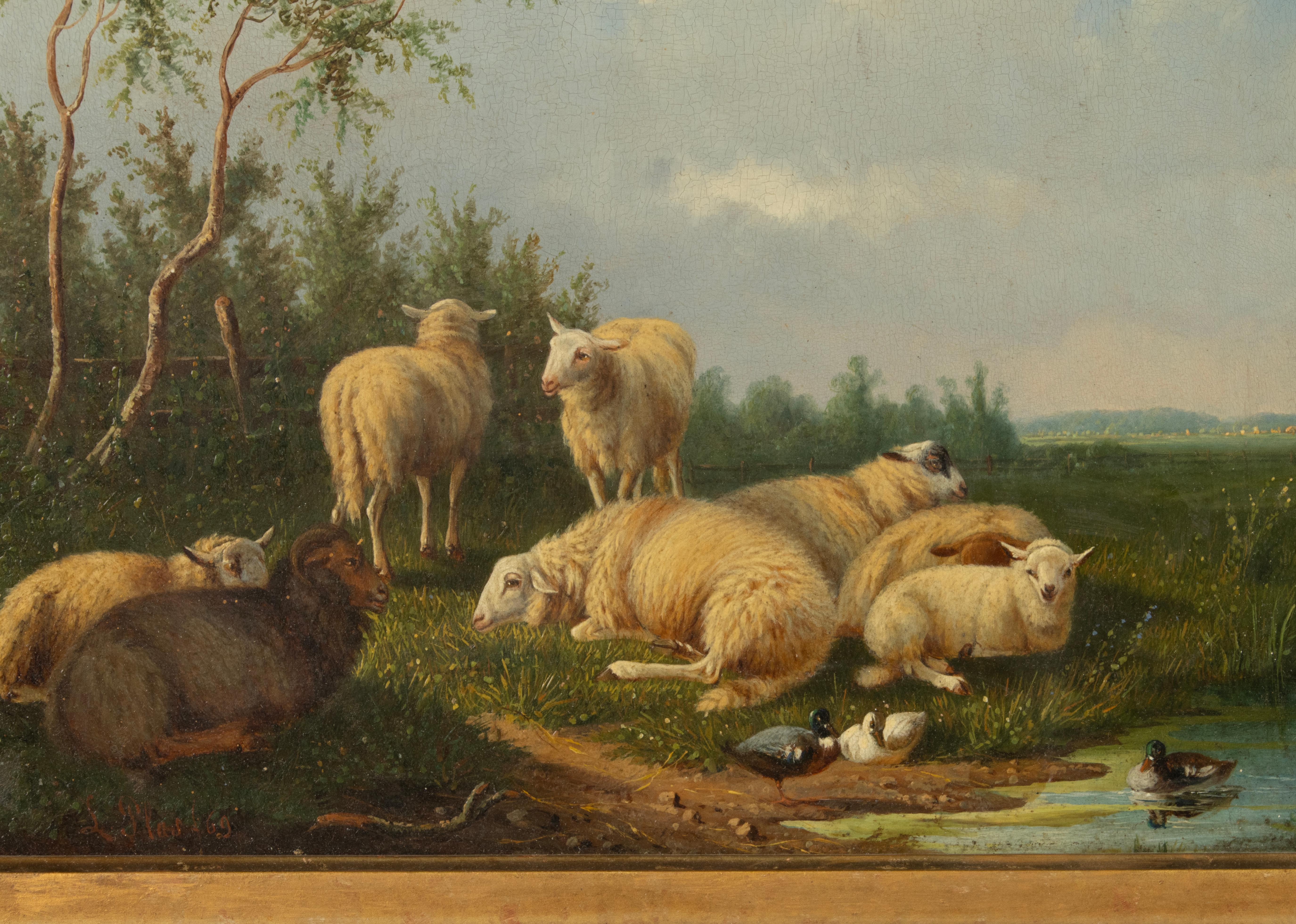 19th Century Romantic Oil Painting - Sheep in the Meadow - Laurens Plas - 1869 For Sale 2
