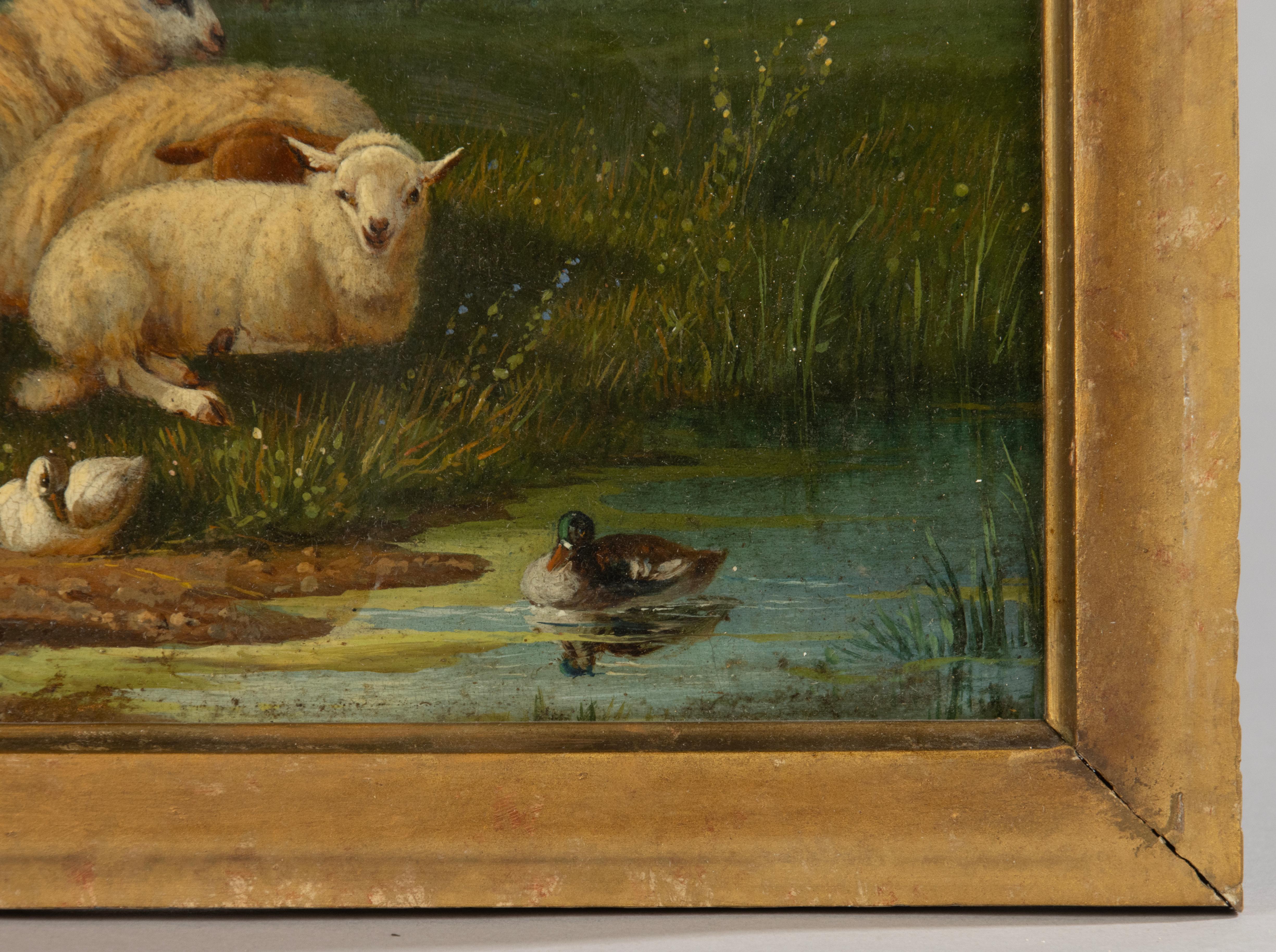 19th Century Romantic Oil Painting - Sheep in the Meadow - Laurens Plas - 1869 For Sale 3