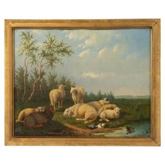 Pittura ad olio romantica del XIX secolo - Pecore nel prato - Laurens Plas - 1869