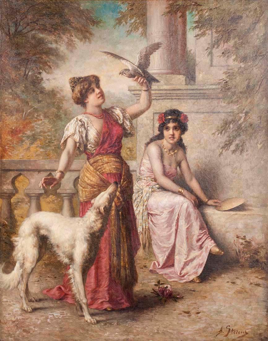 Important oil painting of Agapit Stevens. Women in an exotic exterior decor, accompanied by a Russian Borzoi dog. 

The painting is in outstanding condition. The backside is recently treated for preservation of the canvas. Now it's ready for the