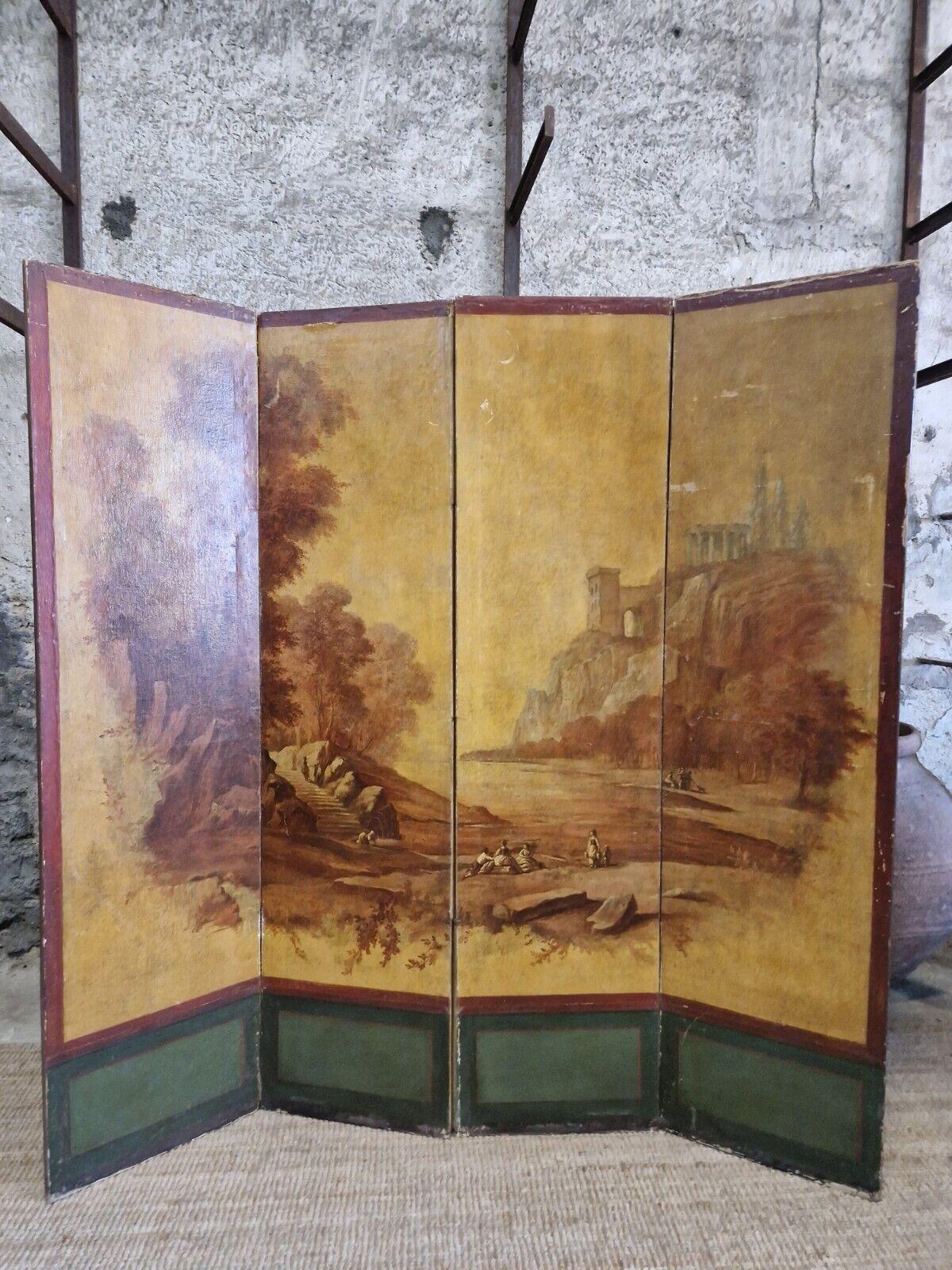 

This stunning 4Panel Room Divider screen from 19th century France is sure to make a statement in any room. Handmade with attention to detail, this free-standing screen features a beautiful landscape theme that has been hand-painted onto the wooden