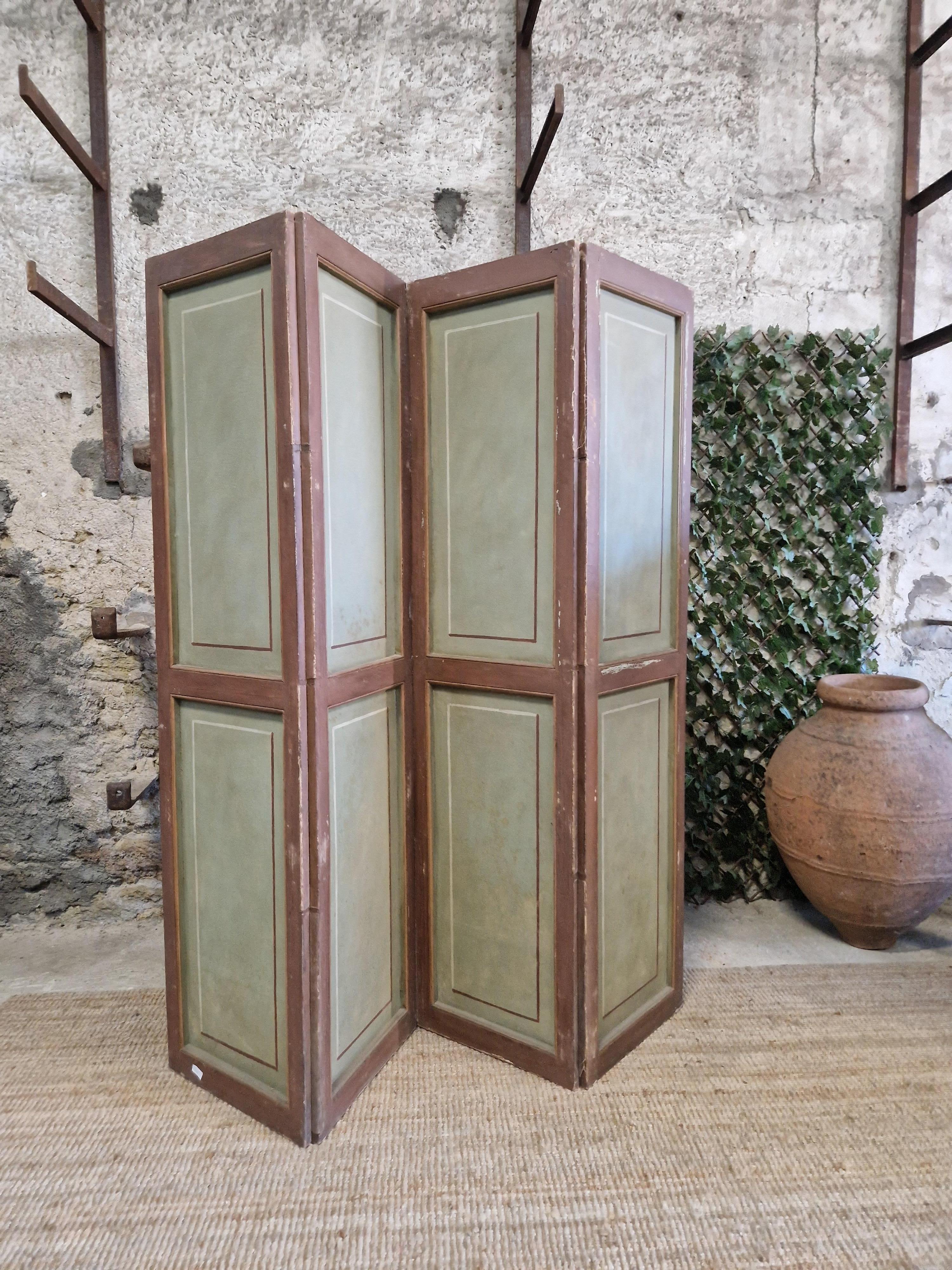 This stunning 4Panel Room Divider screen from 19th century France is sure to make a statement in any room. Handmade with attention to detail, this free-standing screen features a beautiful landscape theme that has been hand-painted onto the wooden