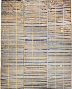 19th Century American Amish Rag Rug, Handwoven Wool, Stripe Pattern, 10' x 14'