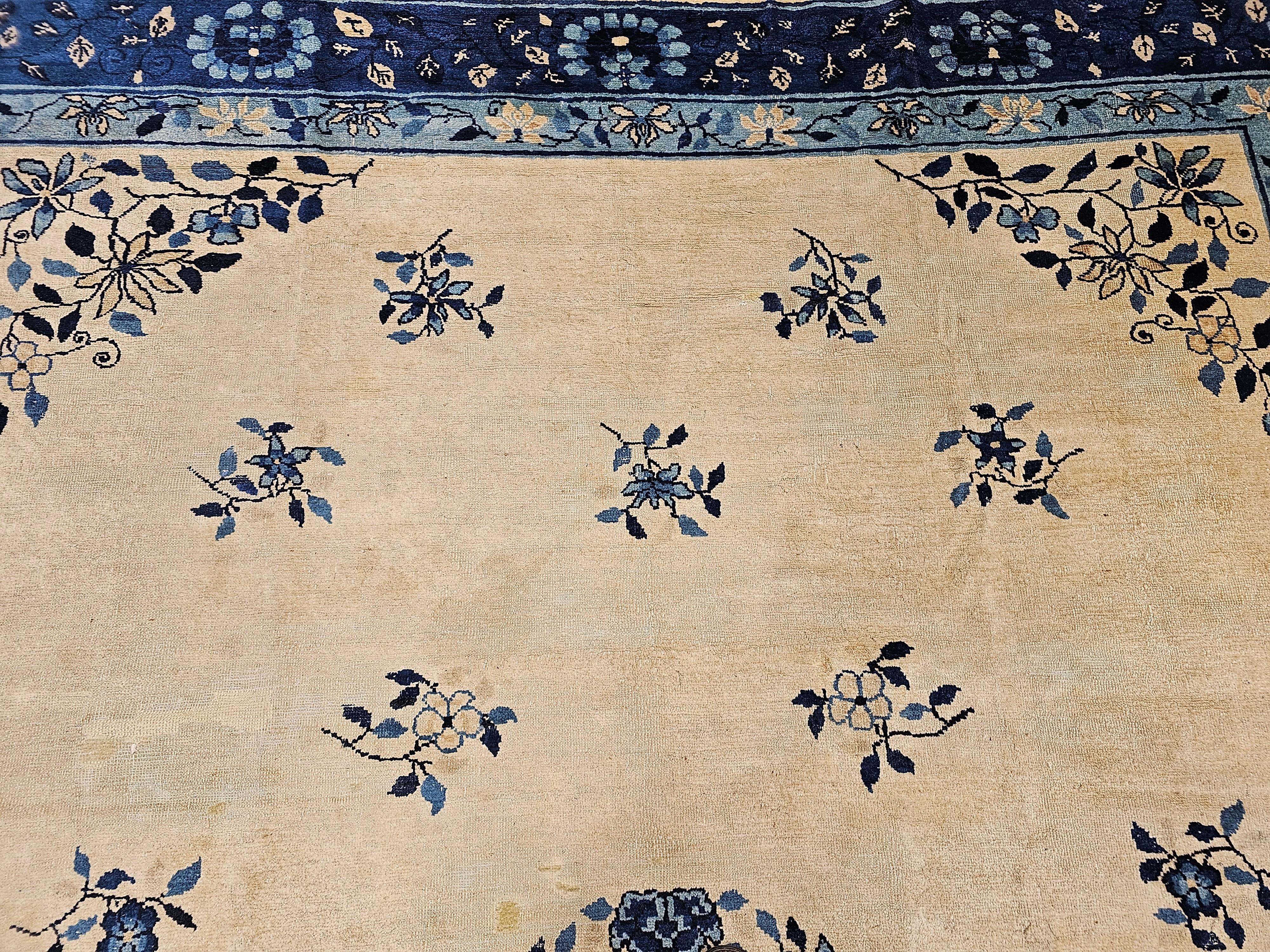 19th Century Room Size Chinese Peking Rug in Ivory, Navy, Baby Blue For Sale 6