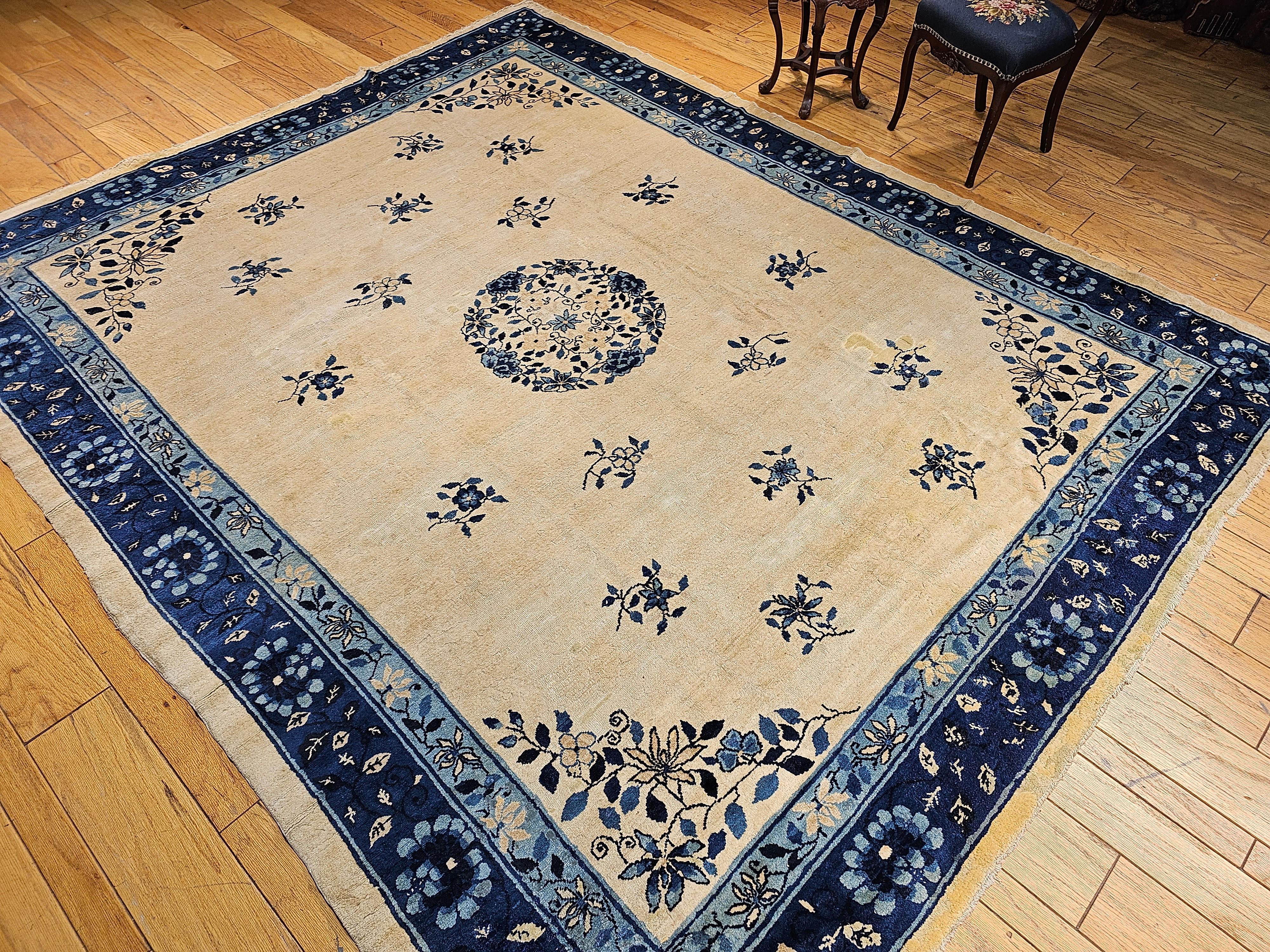 19th Century Room Size Chinese Peking Rug in Ivory, Navy, Baby Blue For Sale 7
