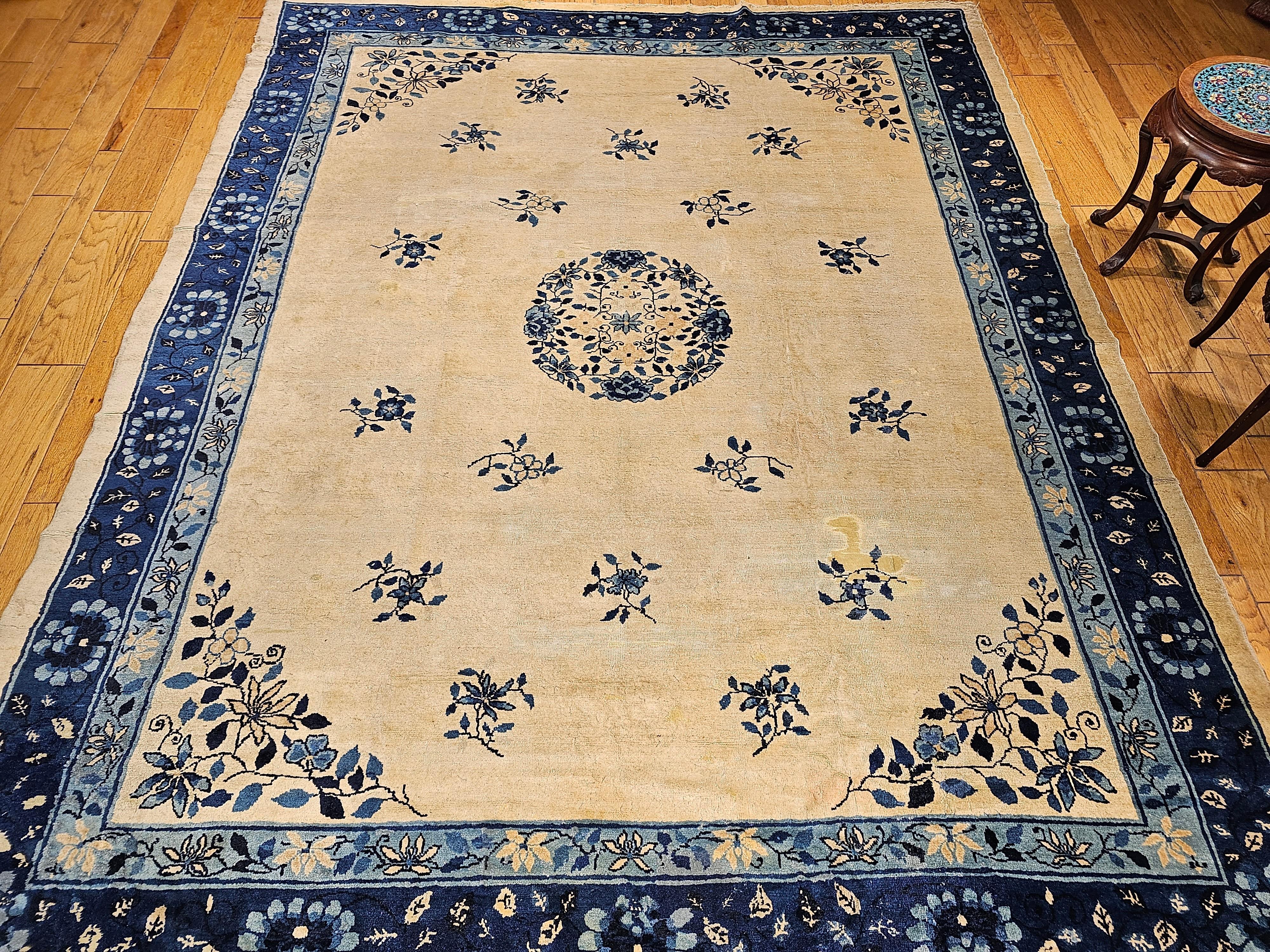 19th Century Room Size Chinese Peking Rug in Ivory, Navy, Baby Blue For Sale 8