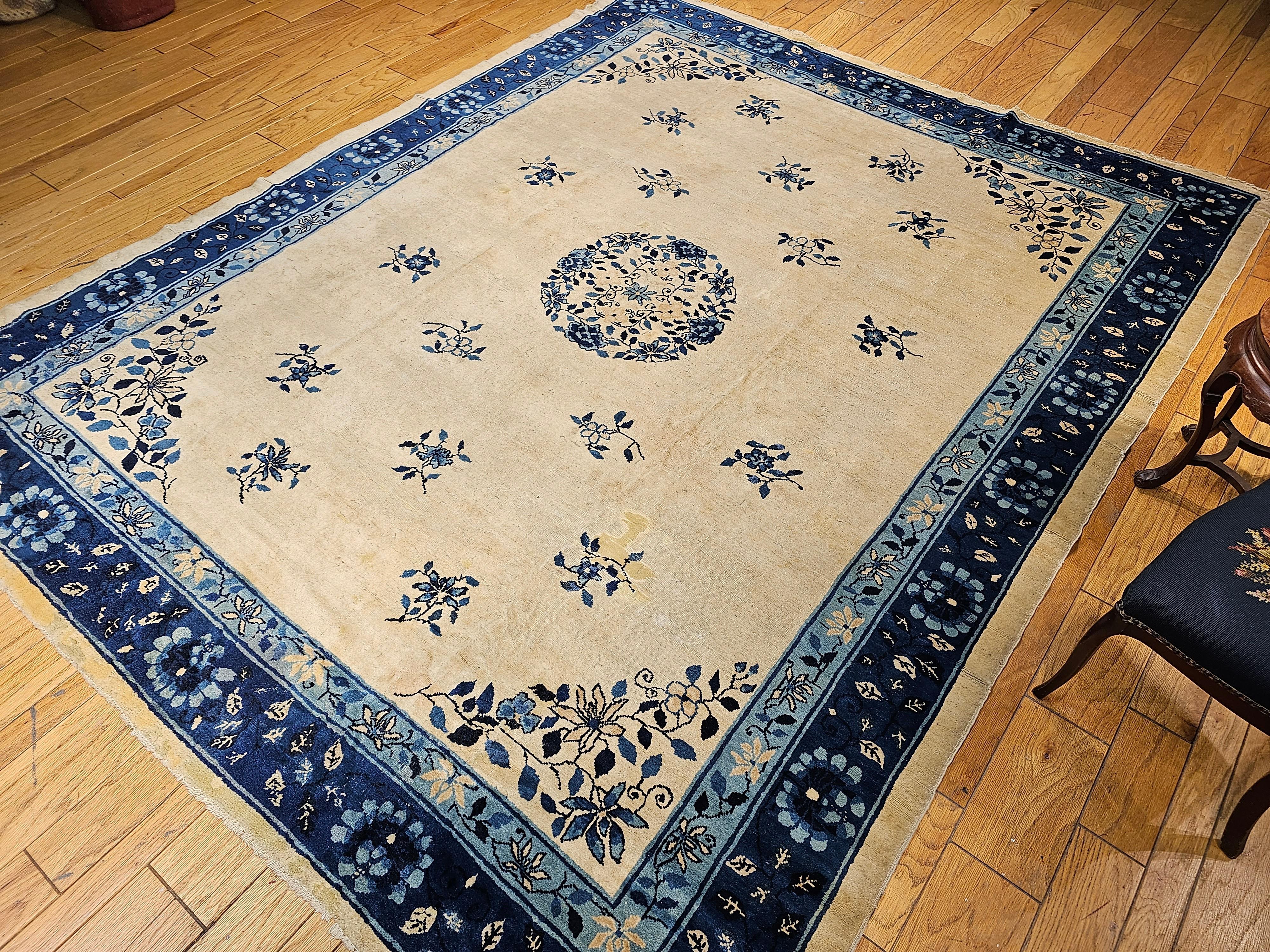 19th Century Room Size Chinese Peking Rug in Ivory, Navy, Baby Blue For Sale 9