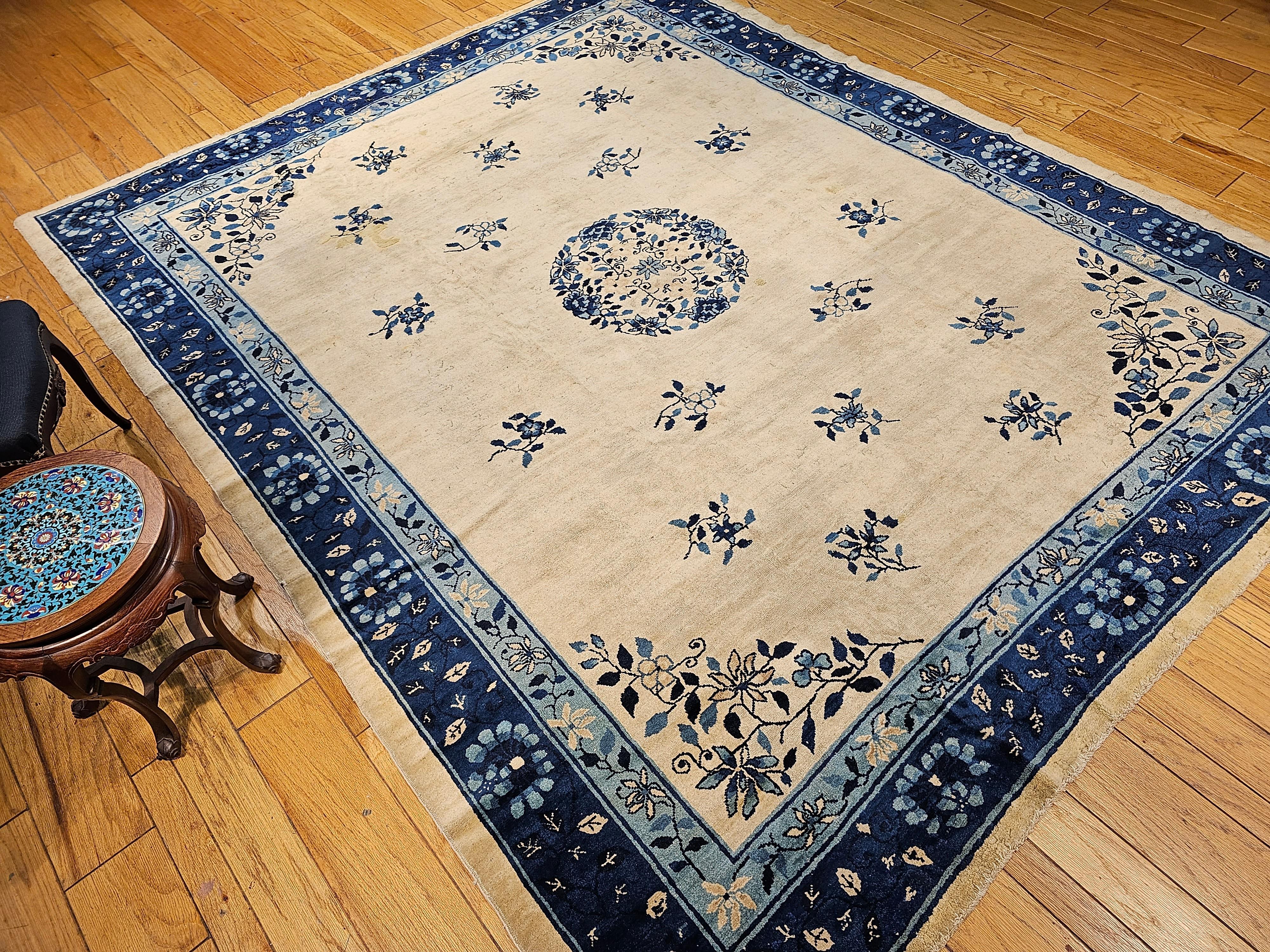 19th Century Room Size Chinese Peking Rug in Ivory, Navy, Baby Blue For Sale 10