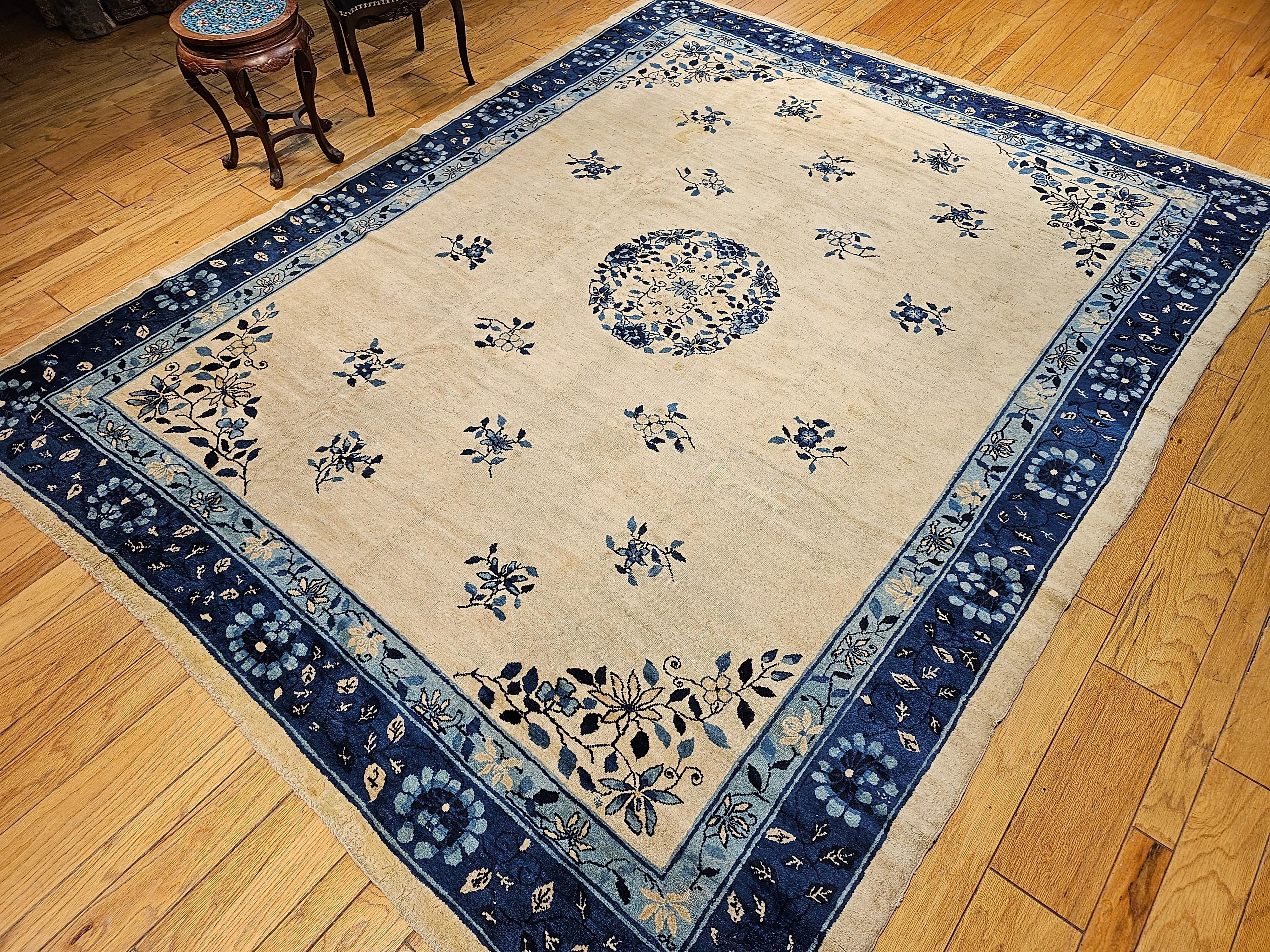 19th Century Room Size Chinese Peking Rug in Ivory, Navy, Baby Blue For Sale 12