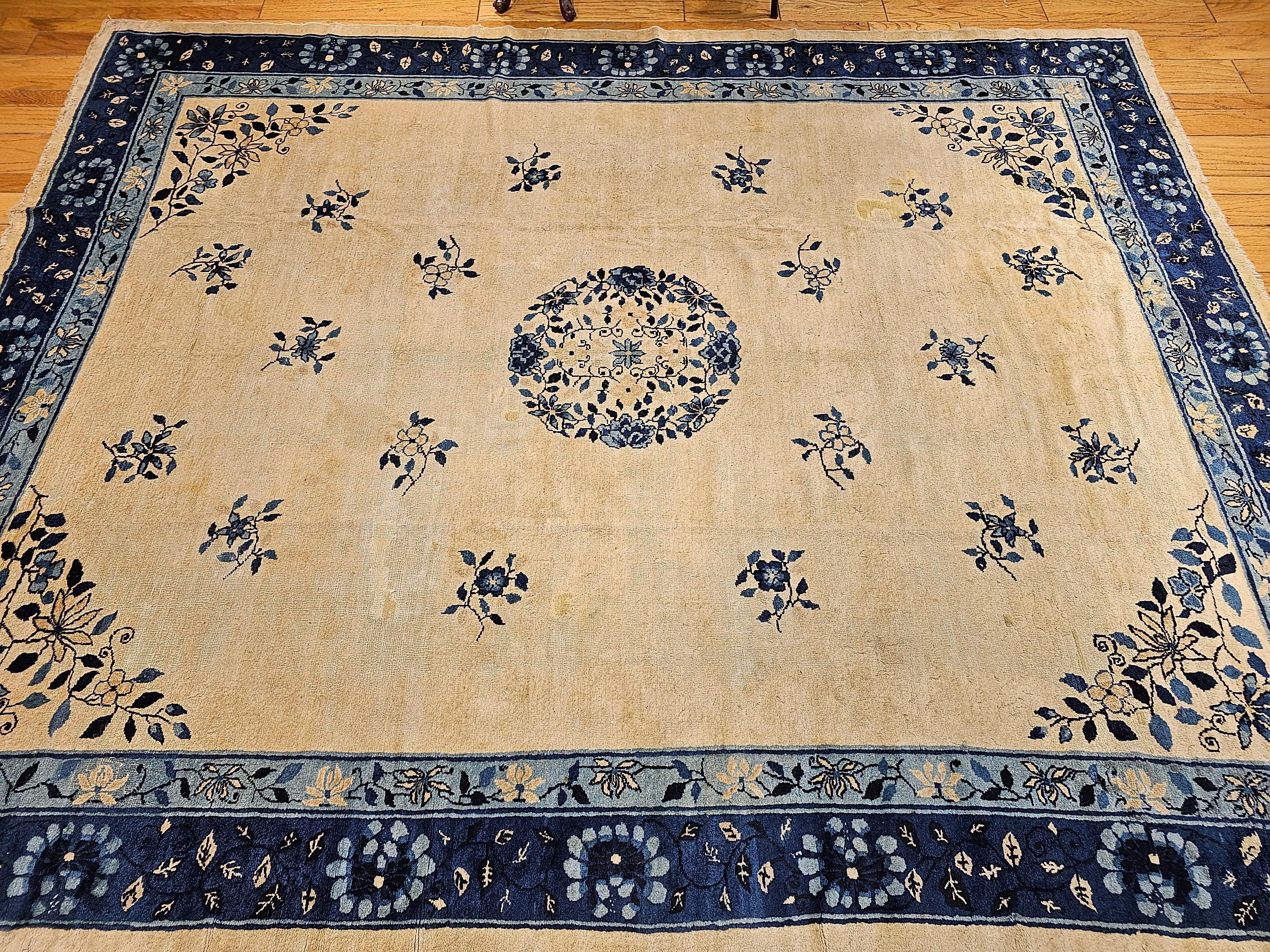 19th Century Room Size Chinese Peking Rug in Ivory, Navy, Baby Blue For Sale 13