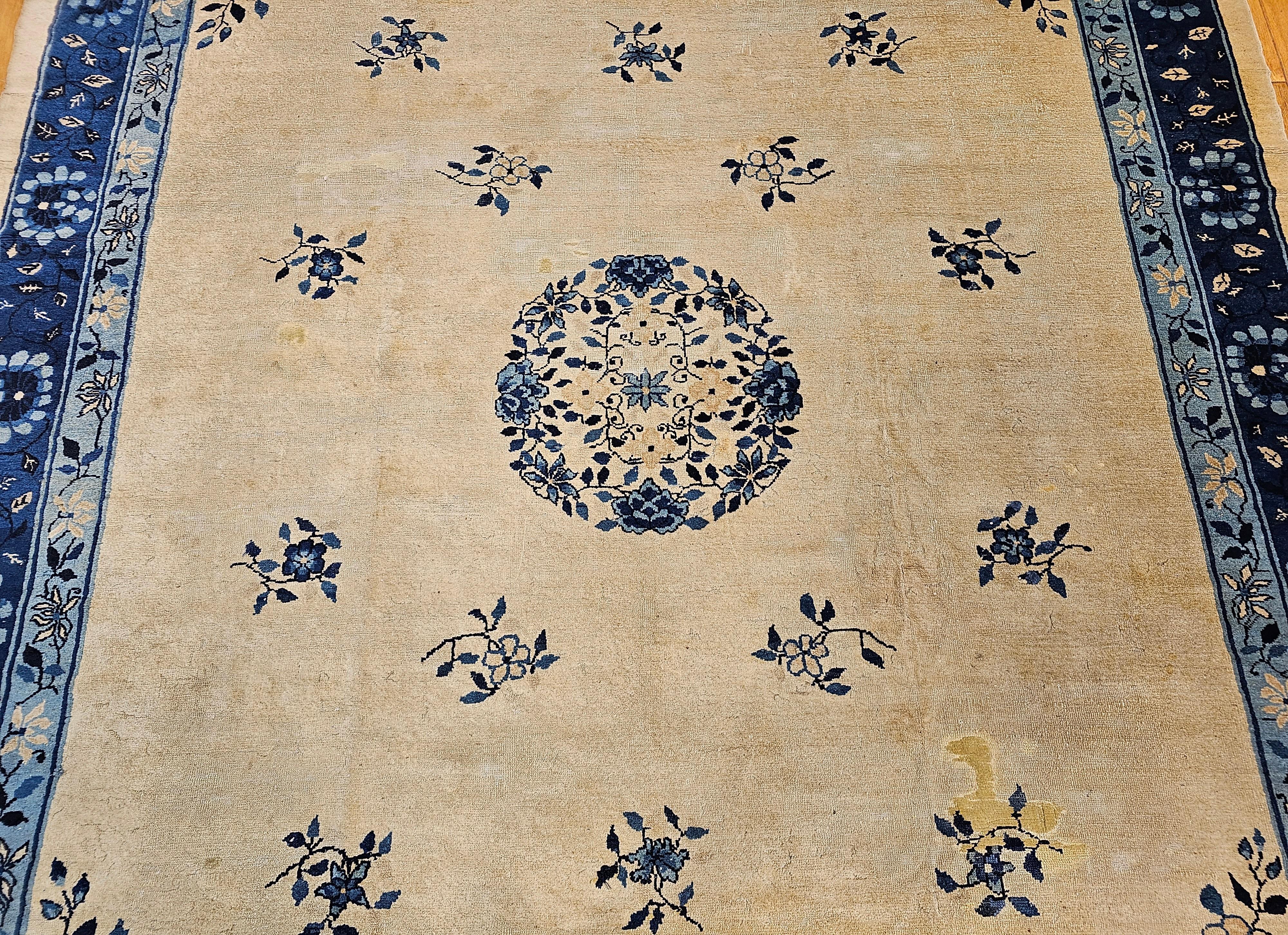 19th Century Room Size Chinese Peking Rug in Ivory, Navy, Baby Blue In Good Condition For Sale In Barrington, IL