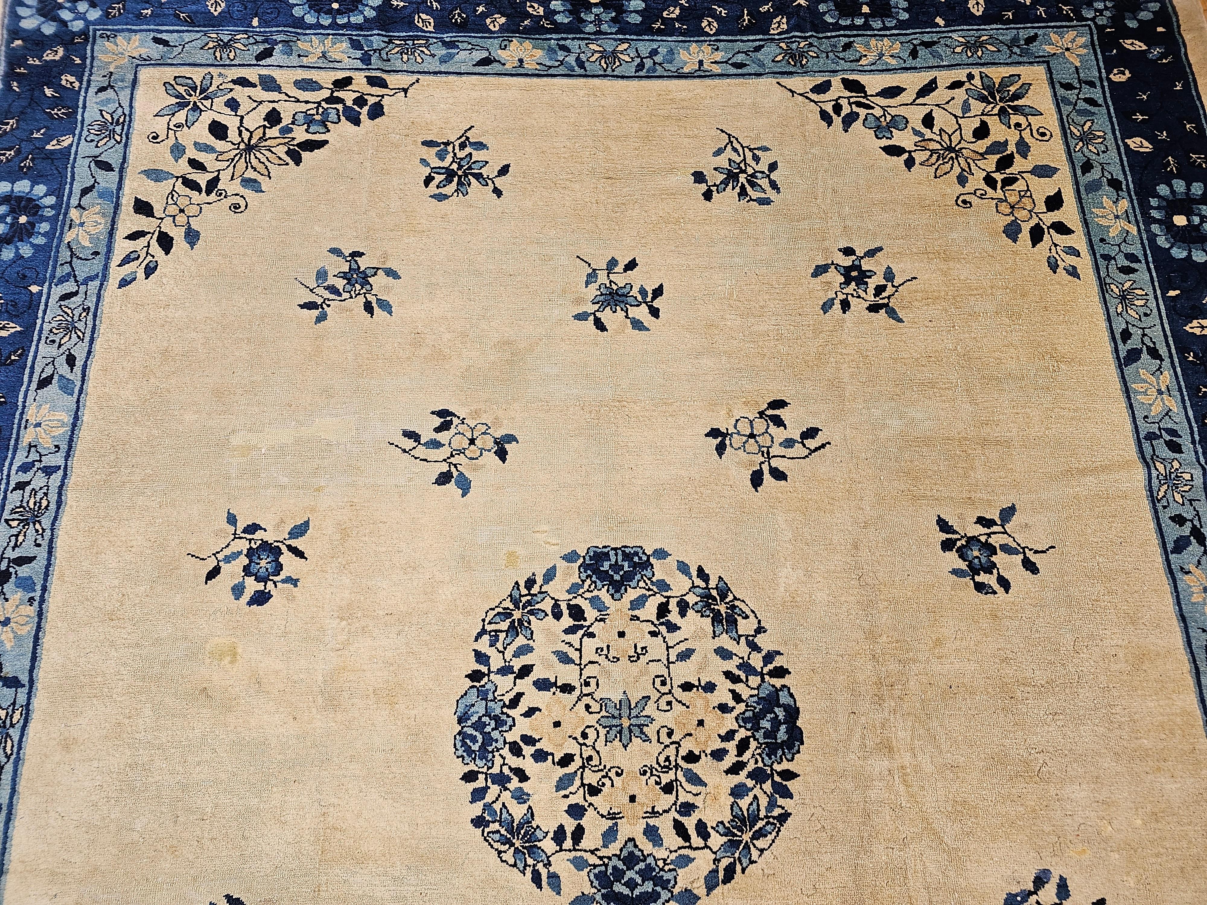 Wool 19th Century Room Size Chinese Peking Rug in Ivory, Navy, Baby Blue For Sale