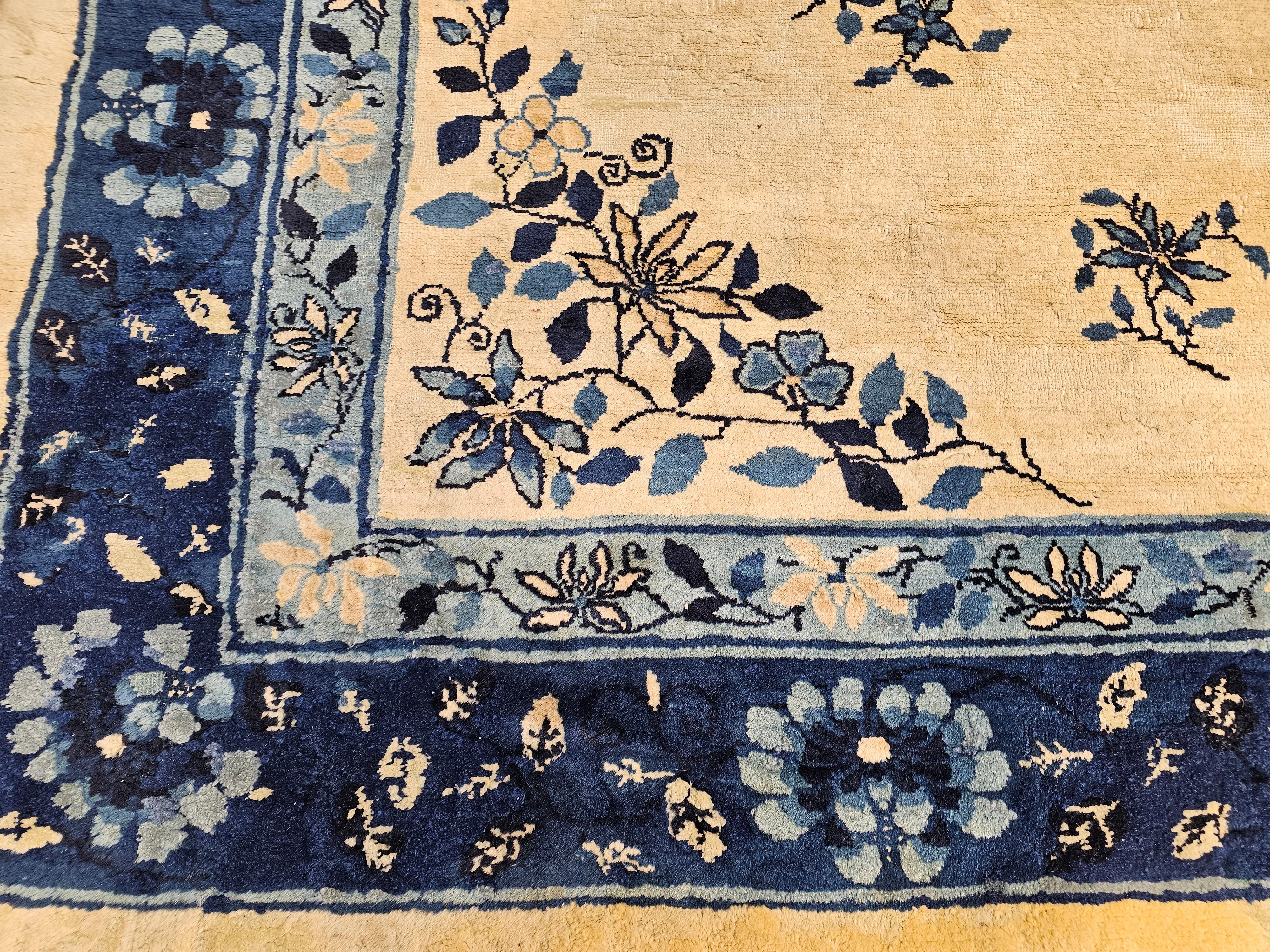 19th Century Room Size Chinese Peking Rug in Ivory, Navy, Baby Blue For Sale 1