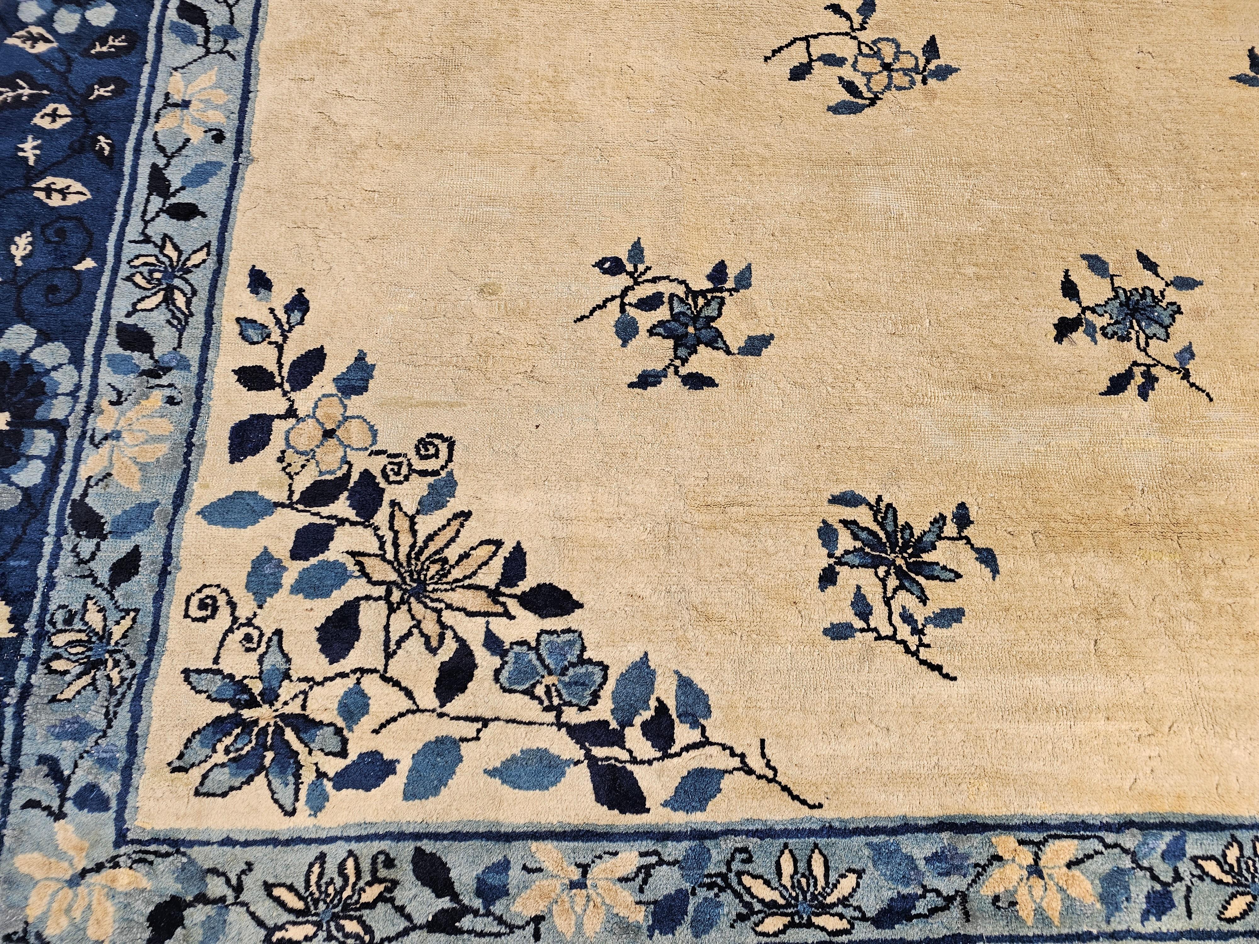 19th Century Room Size Chinese Peking Rug in Ivory, Navy, Baby Blue For Sale 2