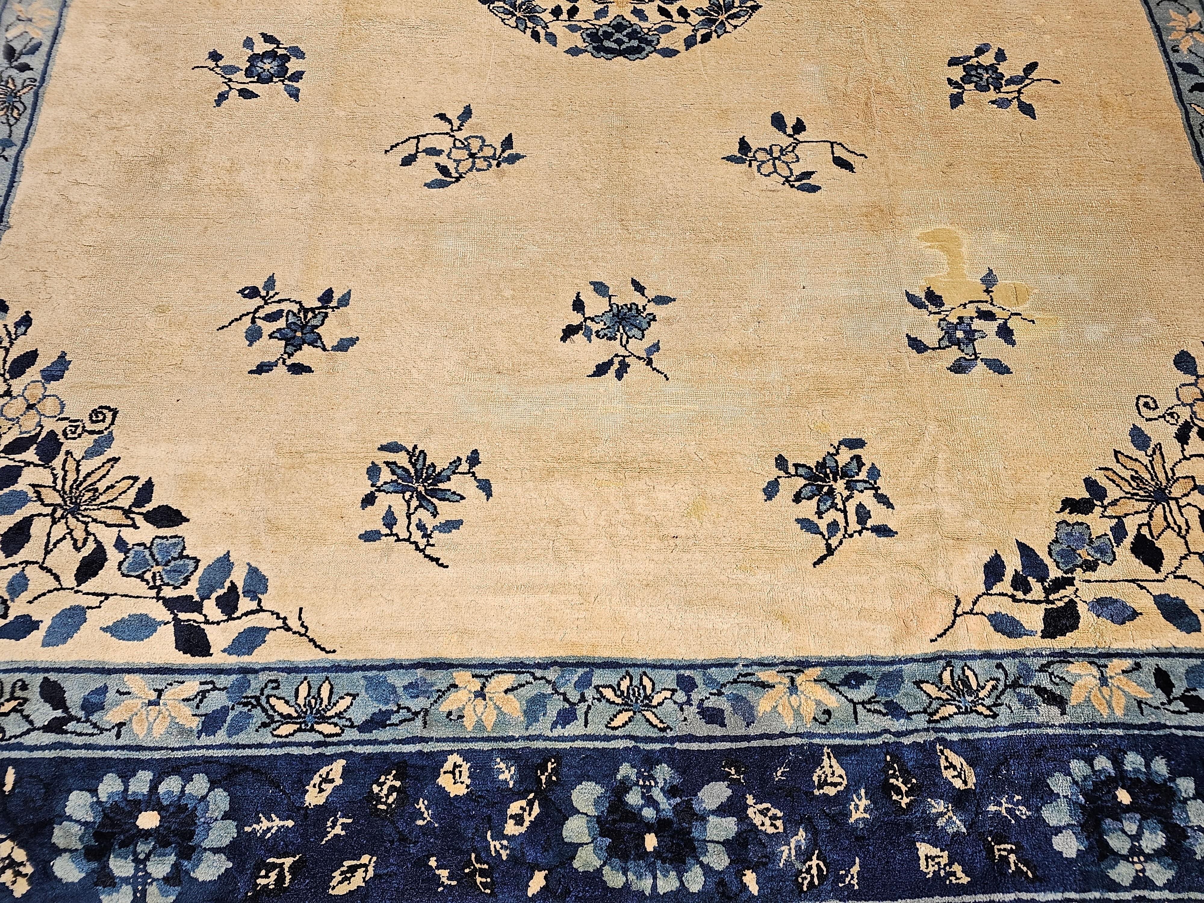 19th Century Room Size Chinese Peking Rug in Ivory, Navy, Baby Blue For Sale 3