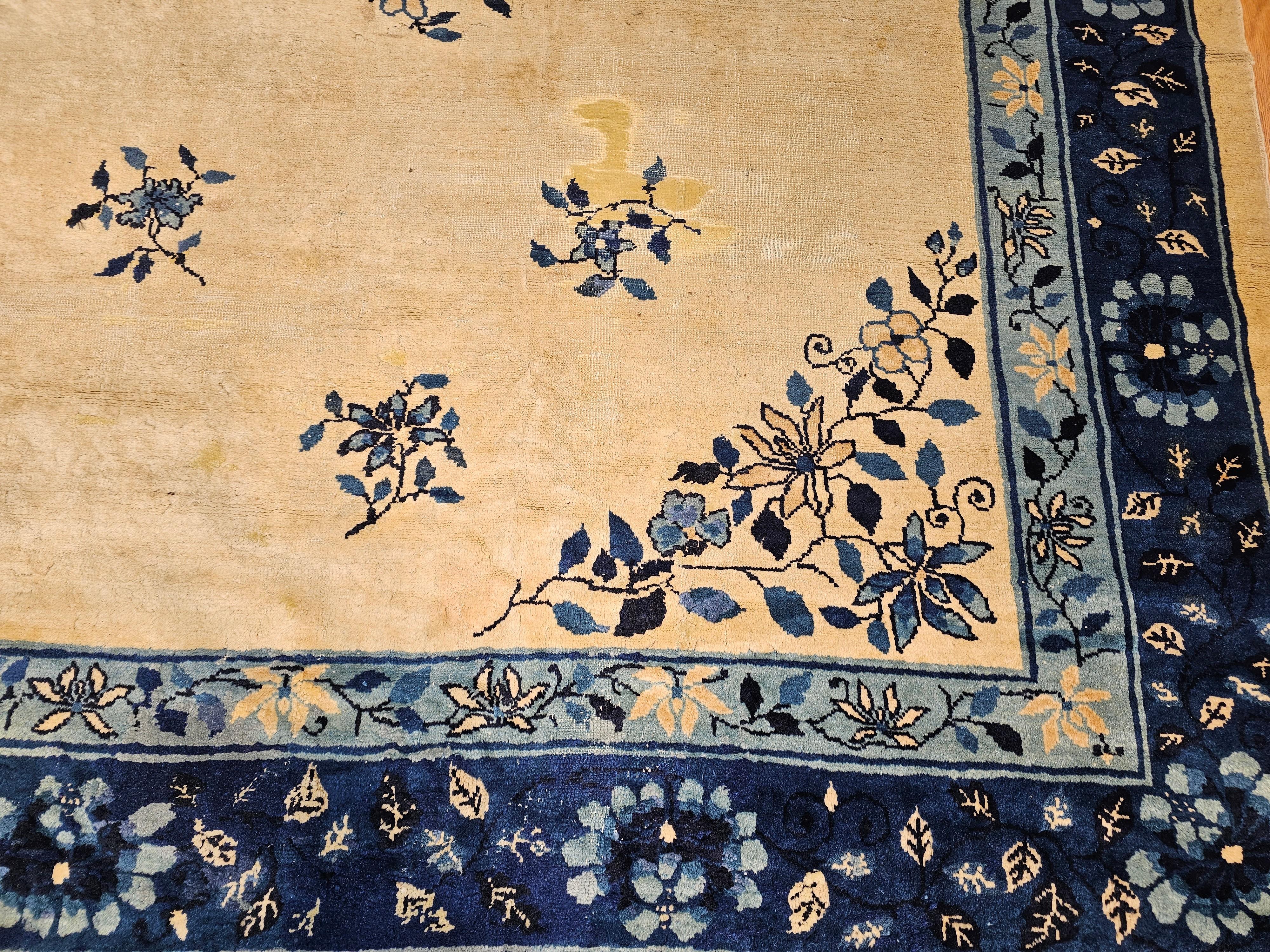 19th Century Room Size Chinese Peking Rug in Ivory, Navy, Baby Blue For Sale 4