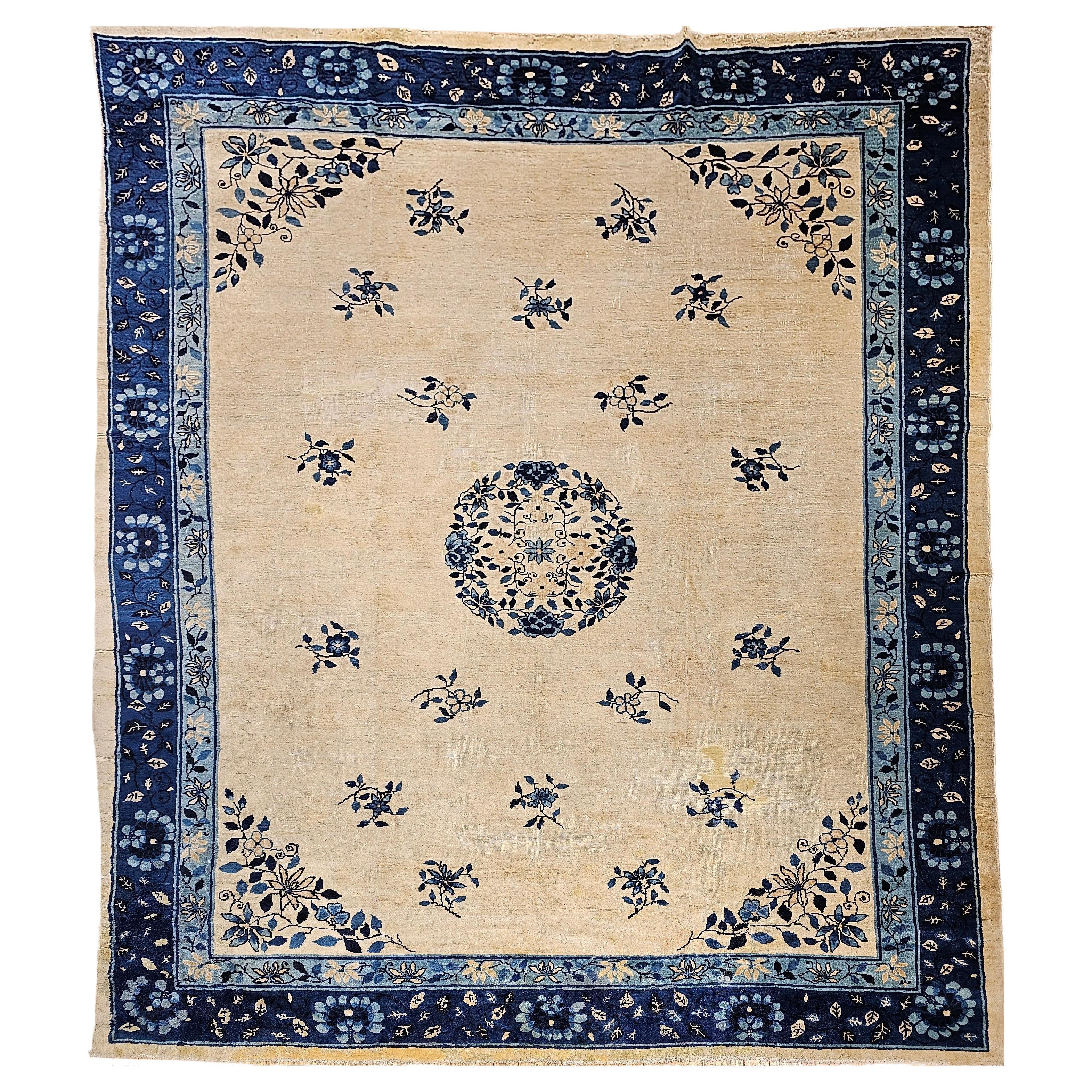 19th Century Room Size Chinese Peking Rug in Ivory, Navy, Baby Blue For Sale