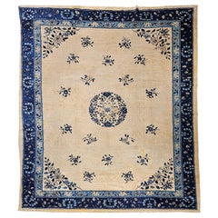 Late 19th Century Chinese Peking Rug in Ivory Field and Navy, French Blue Border