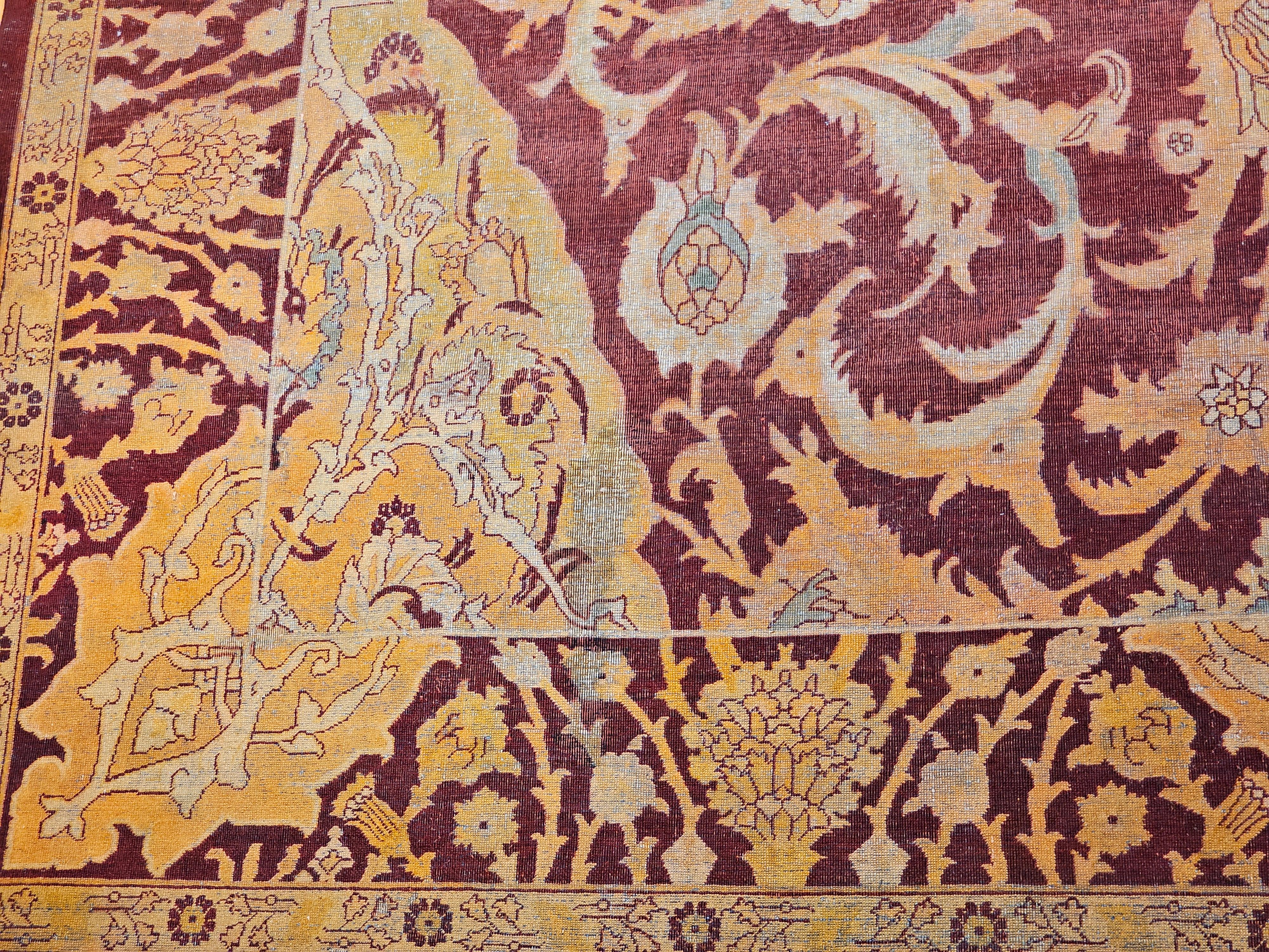 19th Century Indian Amritsar Room-Size Rug in Burgundy, Blue, Pale Yellow, Ivory For Sale 5